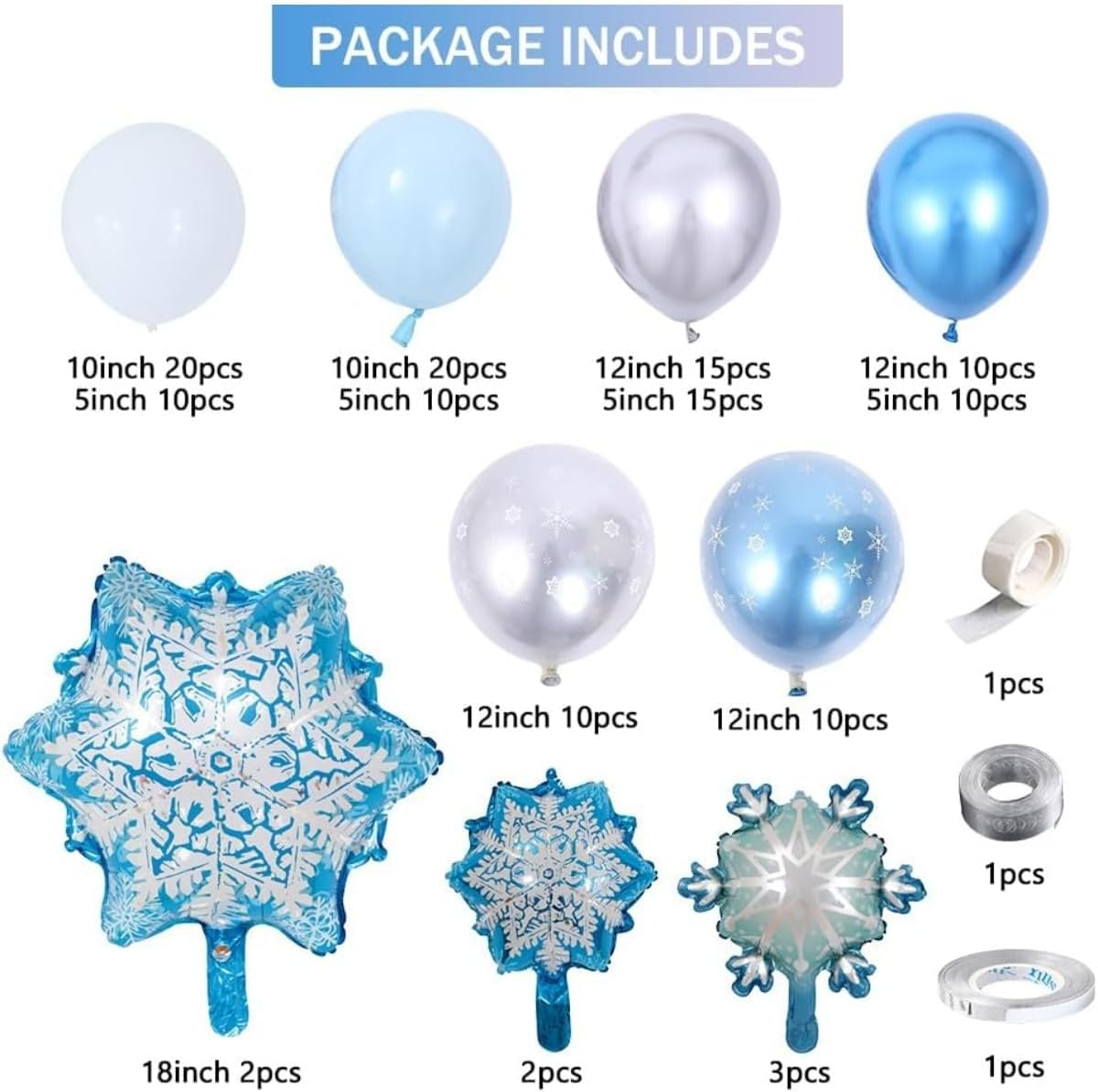 140PCS Frozen Birthday Party Supplies, Ice Snow Snowflake Balloon Garland Arch Kit Blue Snowflake Foil Balloons Metallic Blue Balloons White Balloons Baby Shower Christmas Party Decorations (Blue) image number 4