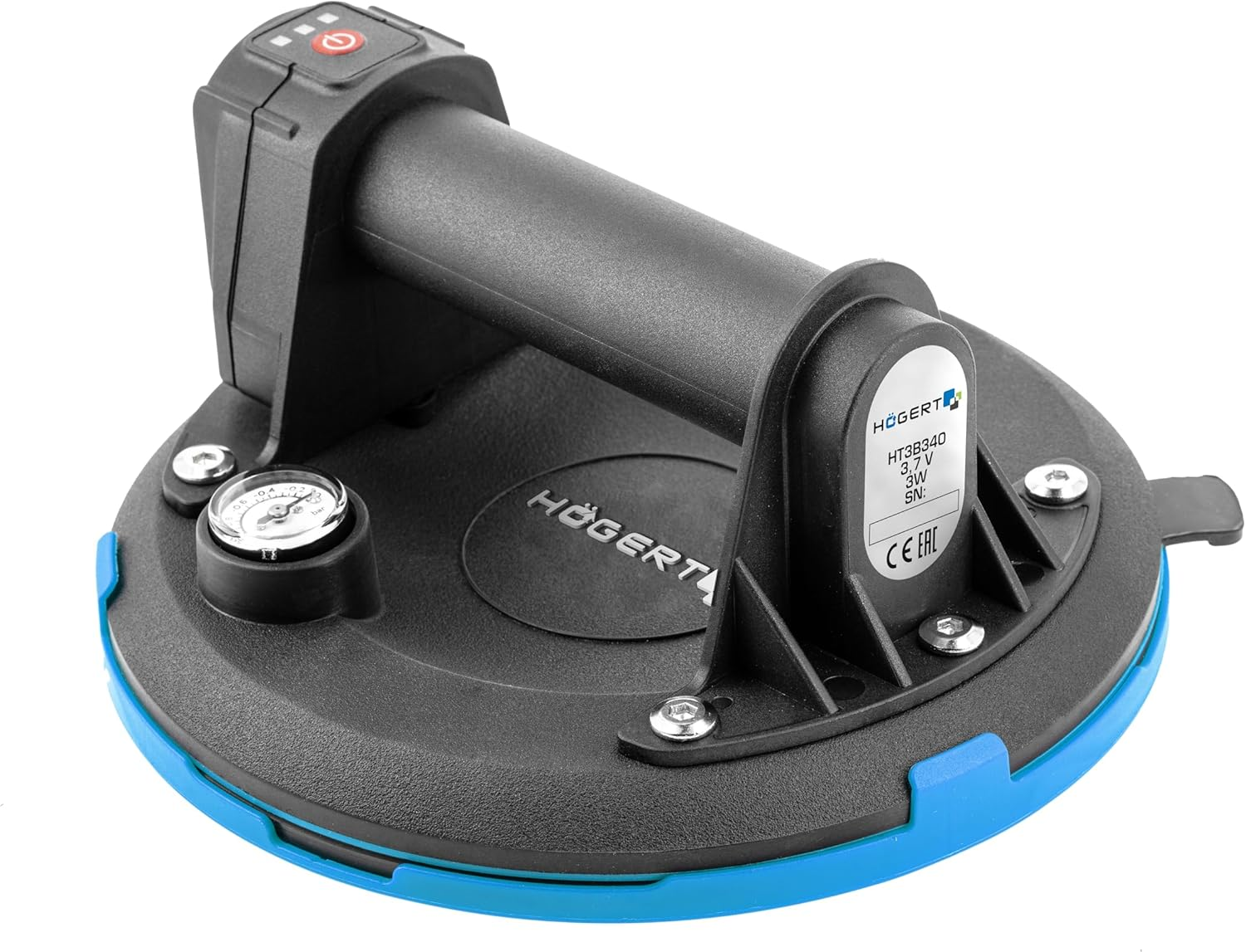 H&ouml;gert Technik - Battery Suction Lifter 200 Mm with Pressure Gauge, Battery Vacuum Cleaner, Heavy Duty Suction Lifter, Load: 150 Kg, Suction Cup Is Used When Transporting Window Glass, Smooth Objects