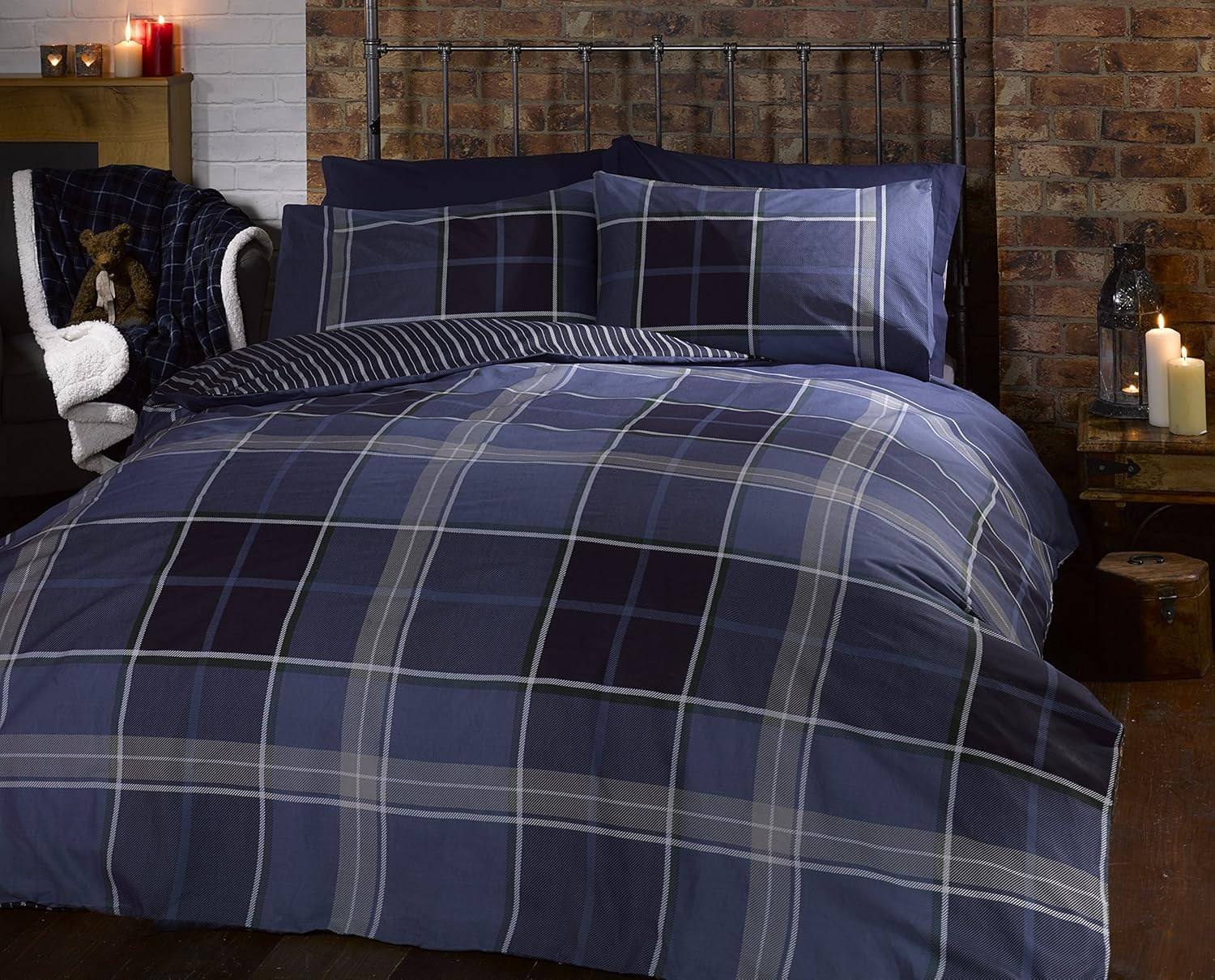 Rapport Finest Homewares Argyle Tartan King Quilt Duvet Cover and 2 Pillowcase, Grey