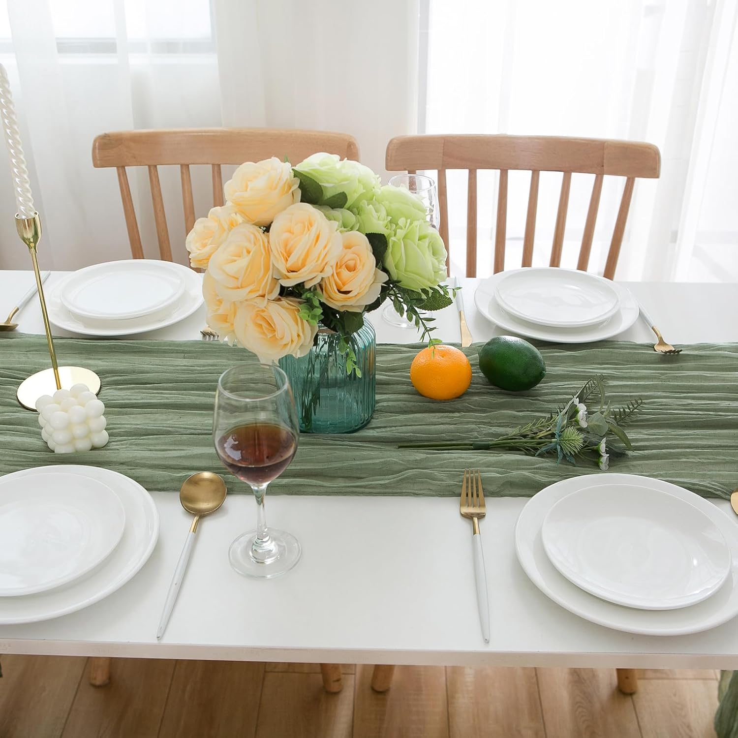 CHUQING Cheesecloth Table Runner Sage Green 27 X 118 Inch Cheese Cloth Boho Rustic Gauze Table Runner for Wedding Spring Easter image number 5