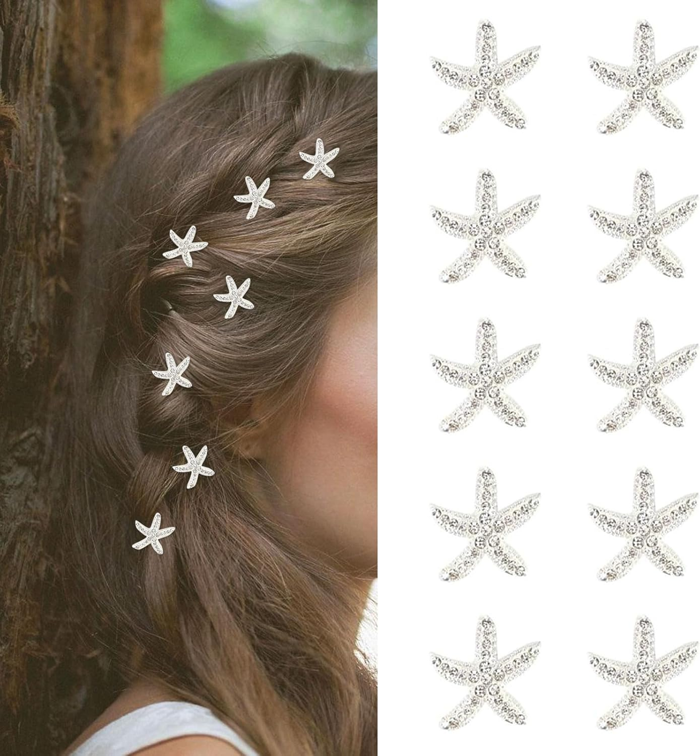 Lunarcharm 10 Pieces Hair Clips with White Rhinestones in Beach Style, Bohemian Hair Clip in Starfish Shape, Cute Accessory for Women and Girls, Cute Little Hair Clip image number 6