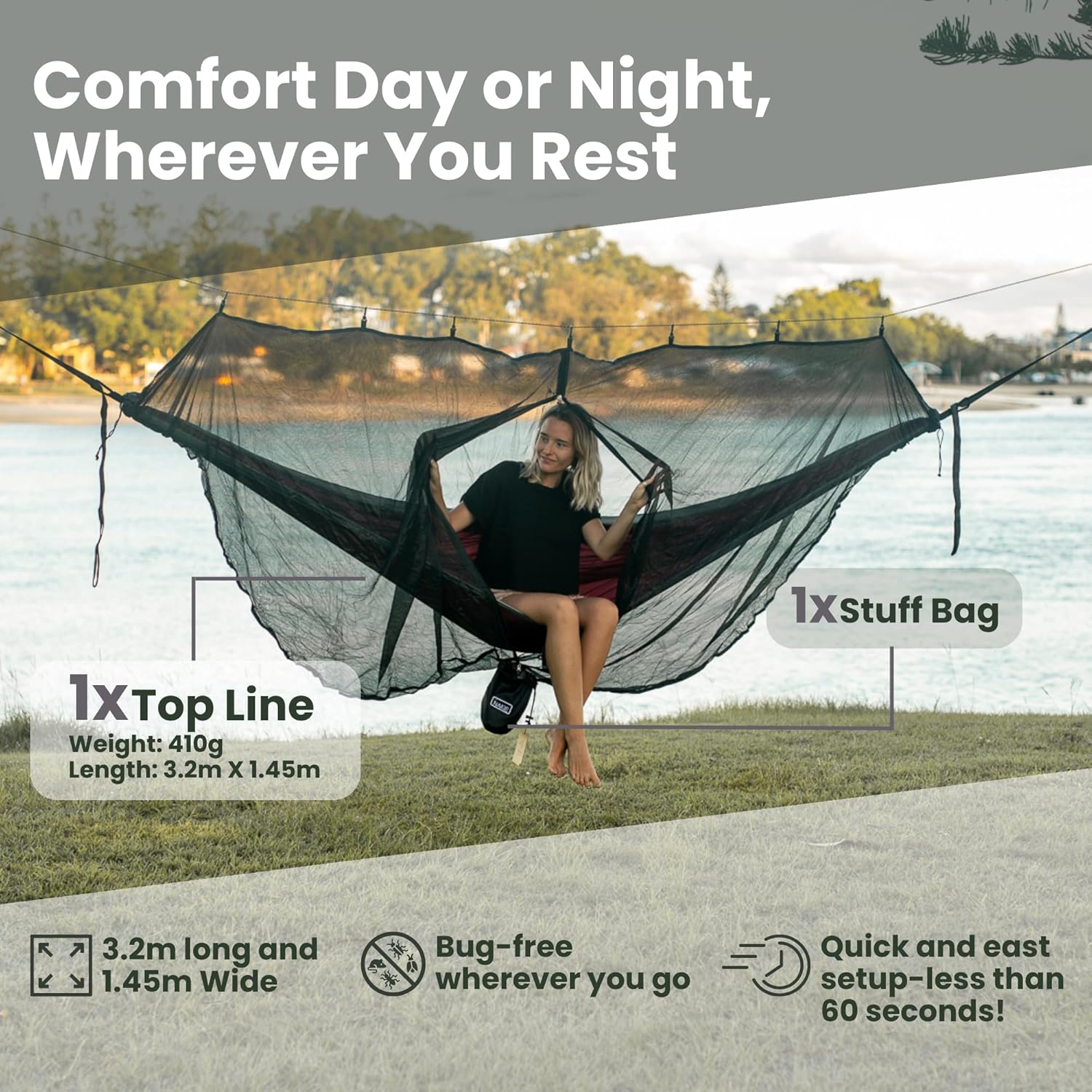 Nakie Bug Net - Eco Conscious. Compact, Light Weight Portable, Camping, Travel and Hiking, Mosquito Net, Hammock Bug Net image number 1