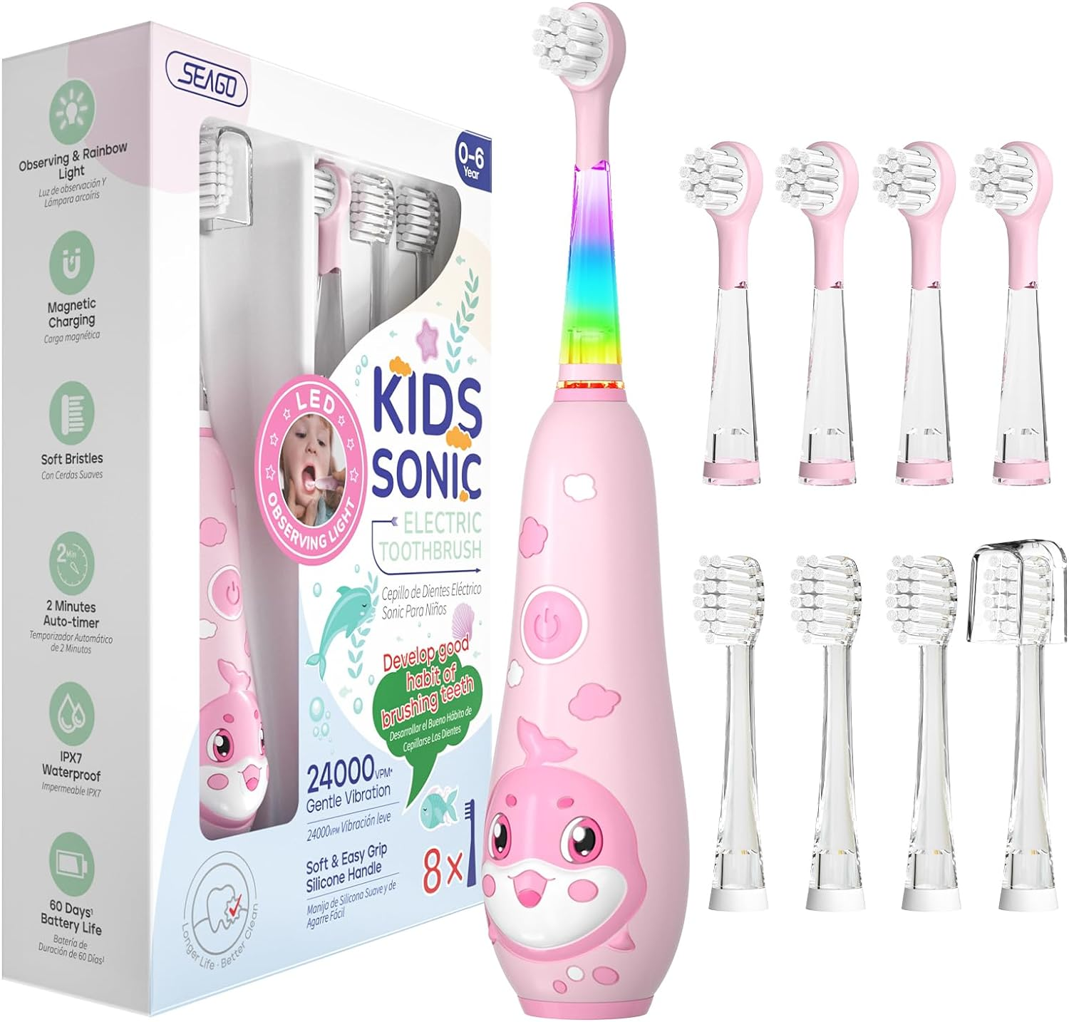SEAGO Kids Electric Toothbrushes Rechargeable, Toddler Electric Toothbrush with Magnetic Charging, LED Observing Light, 8 Toothbrush Heads for Ages 2-4-6 Boys Girls (Pink)