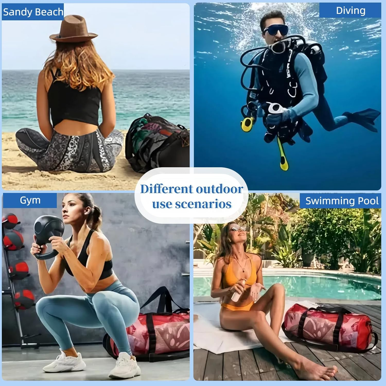 Scuba Mesh Travel Duffels Dive Duffle Snorkel Gear Bag for Beach Swimming Surfing Snorkeling Gym 58X 28 X 28Cm - Black image number 4