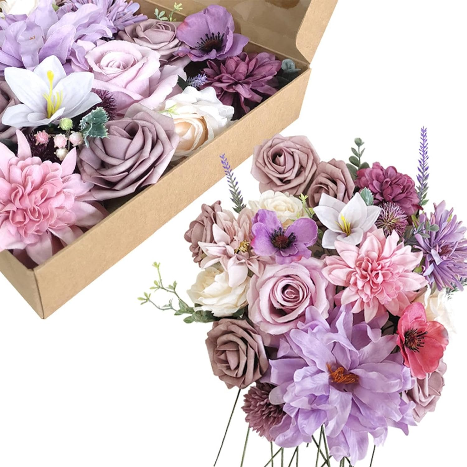 Artificial Silk Purple Champagne Rose Flowers Box for Wedding Decorations, Real Touch Peony and Fake Rose Bouquets with Stems for Wedding Cake Topper Party Bridal Bouquets Indoor Outdoor Decorations image number 1