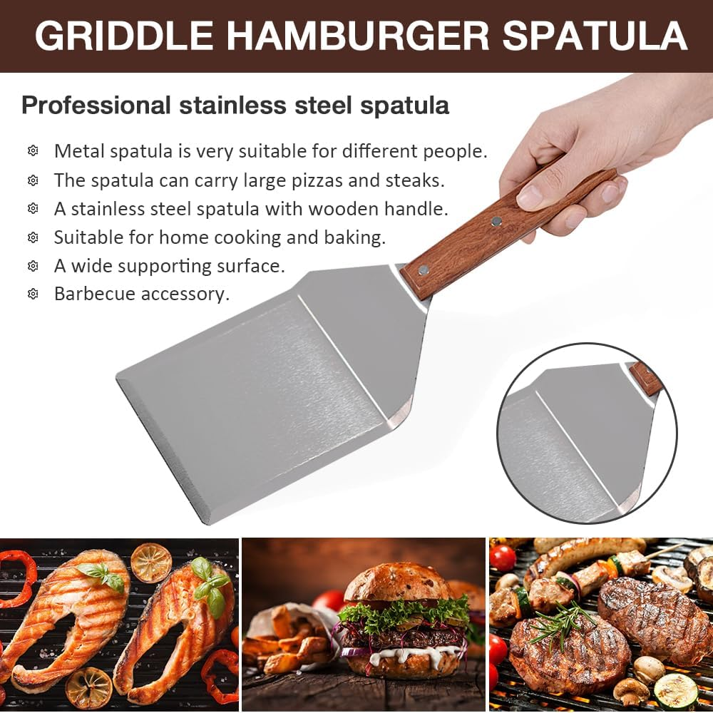 Stainless Steel Griddle Hamburger Spatula with Strong Wooden Handle, 13.5 X 5 Inches, Heavy Spatula Turner with Hook, Great for Pancake Flipper, Fish, Eggs, Burgers, Omelet and More image number 2