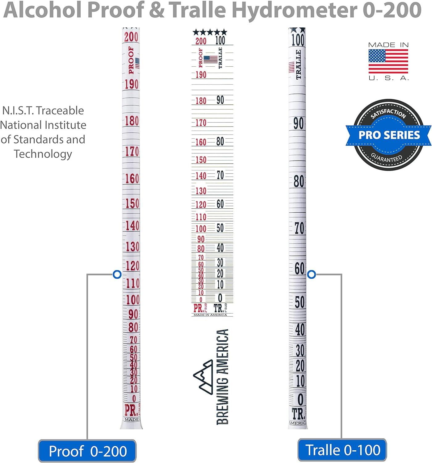Alcohol Hydrometer Distilling Test Kit: Pro Series Traceable 0-200 Proof and Tralle Alcoholmeter Tester Set with Glass Jar
