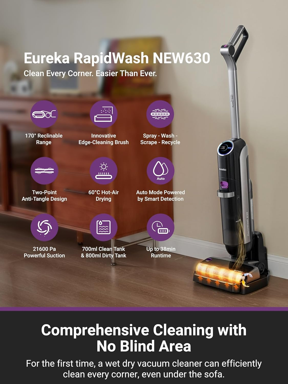 EUREKA Rapidwash NEW630 Cordless Wet Dry Vacuum Cleaner, 21600Pa Smart Hard Floor Washer with 170&deg; Lay-Flat, 60℃ Hot Air Flash Drying, Self-Cleaning, Edge Clean, Messes Detection, Tangle-Free Design image number 5