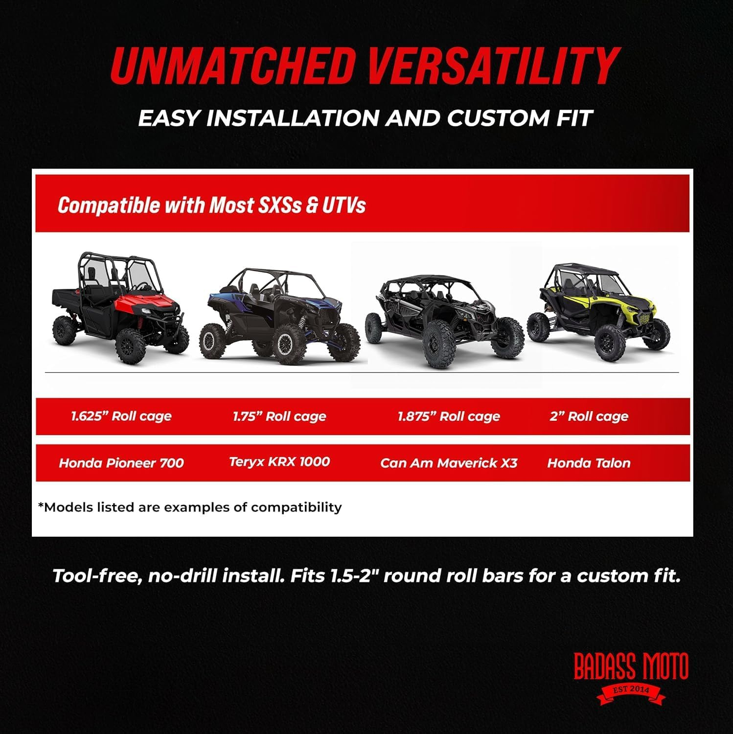 Badass Moto Roll Bar Grab Handles SXS, ATV, & UTV Grab Handles Grips for 1.5 to 2" Rollbar - Black & Red Hand Grip Grabs with Stainless Steel Buckles for Honda, Teryx, Can-Am, Polaris, Quad - 2 Pack image number 5