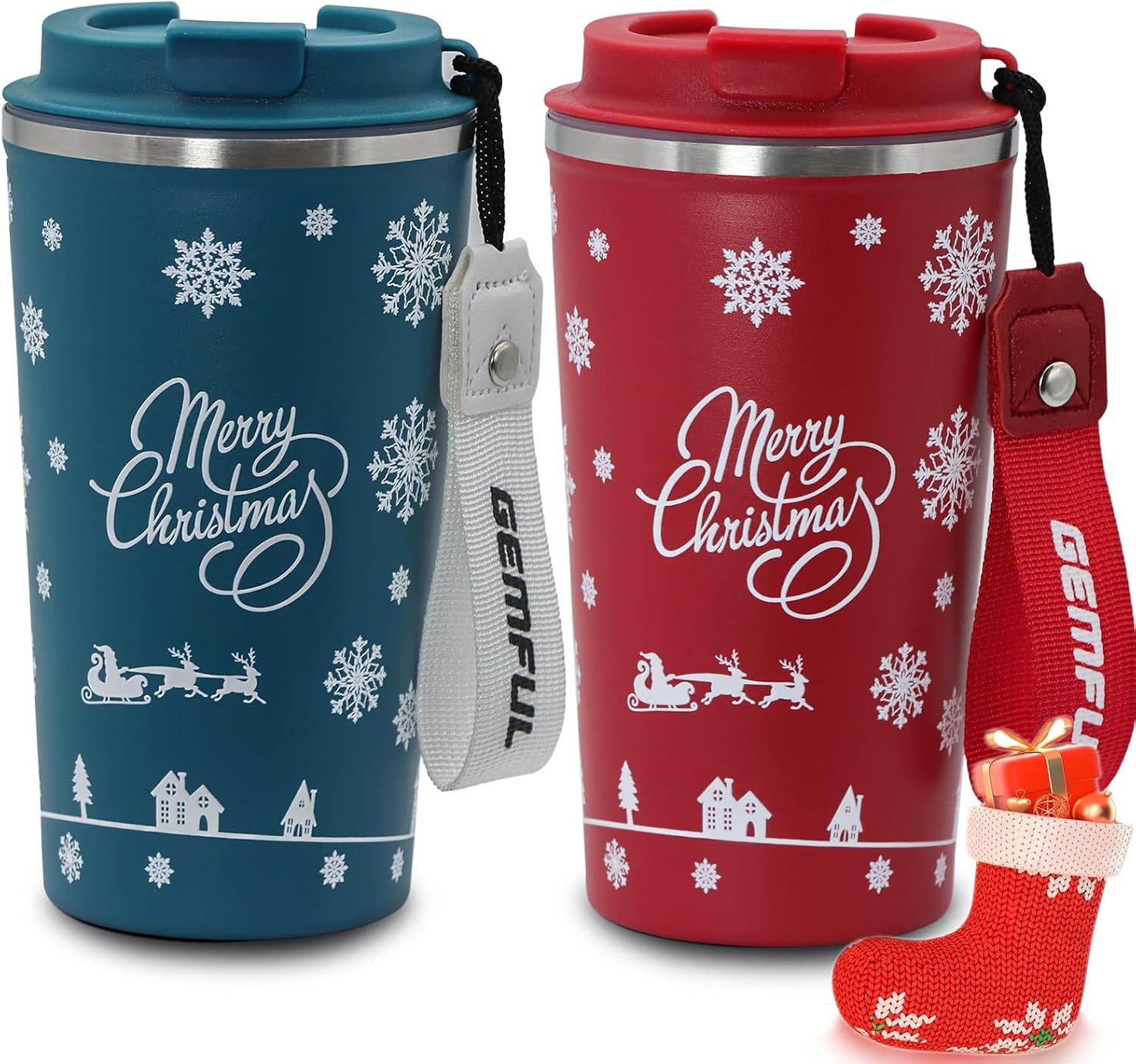 GEMFUL Christmas Coffee Tumbler Screw on Lid 510 Ml Stainless Steel Thermal for Women Friends or Coworker