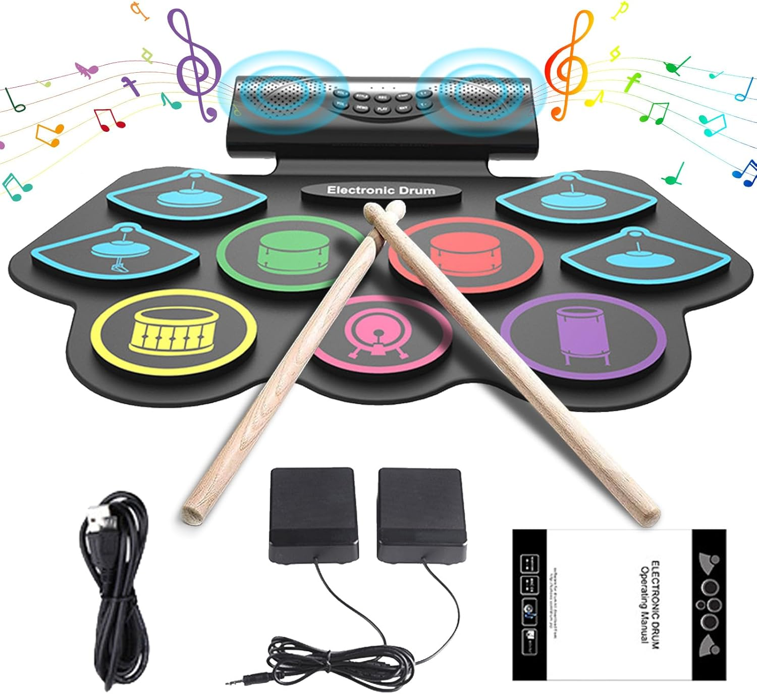 Electronic Drum Set,9 Practice Drum Pads,Roll-Up Drum Kit Machine Built-In Speaker with Drum Pedals and Stick,Great Christmas for Kids image number 1
