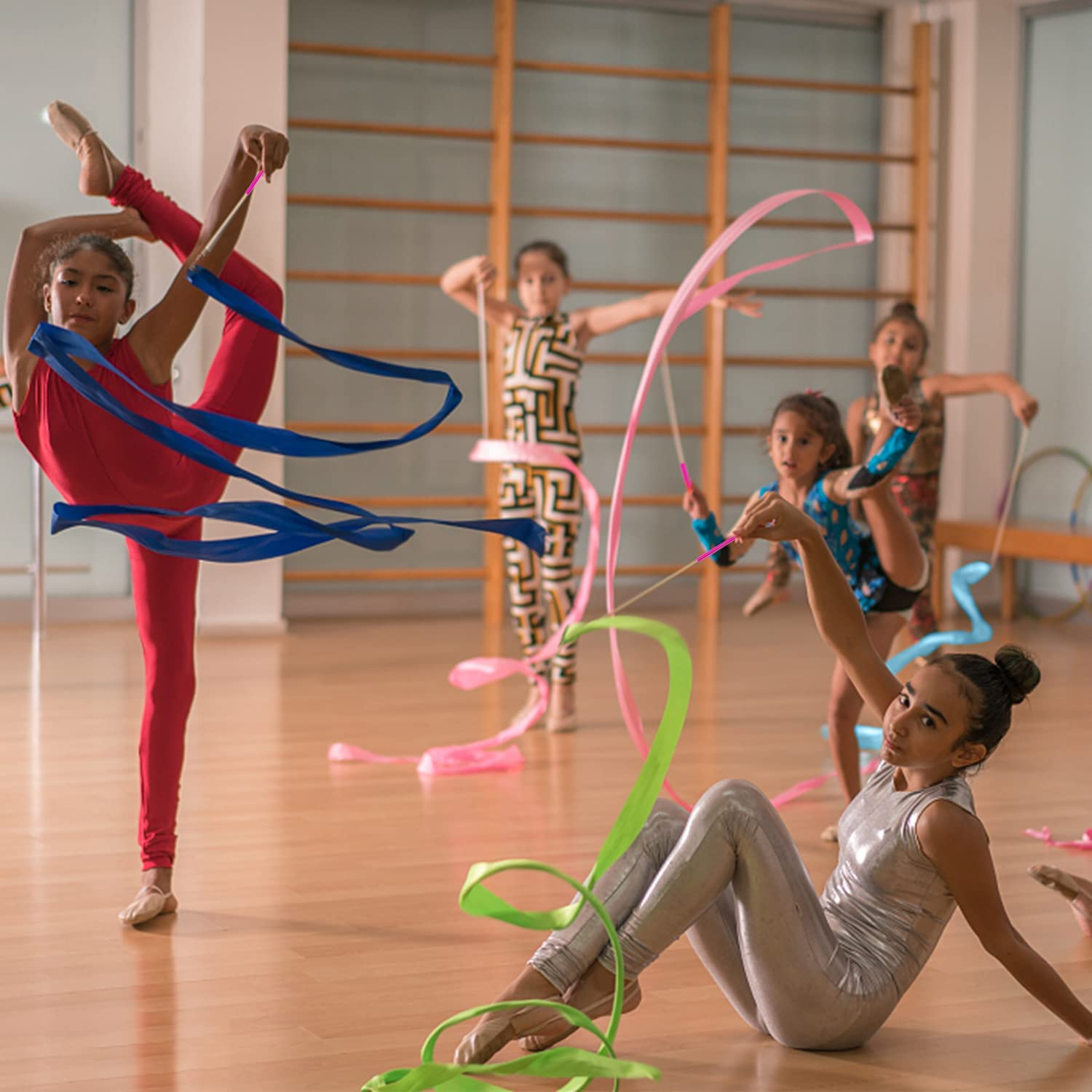 PAMASE 16 Packs Kids Dancing Gymnastics Ribbon Wands, 6'6" Rhythmic Artistic Twirling Ribbons with Non-Slip Handle image number 2