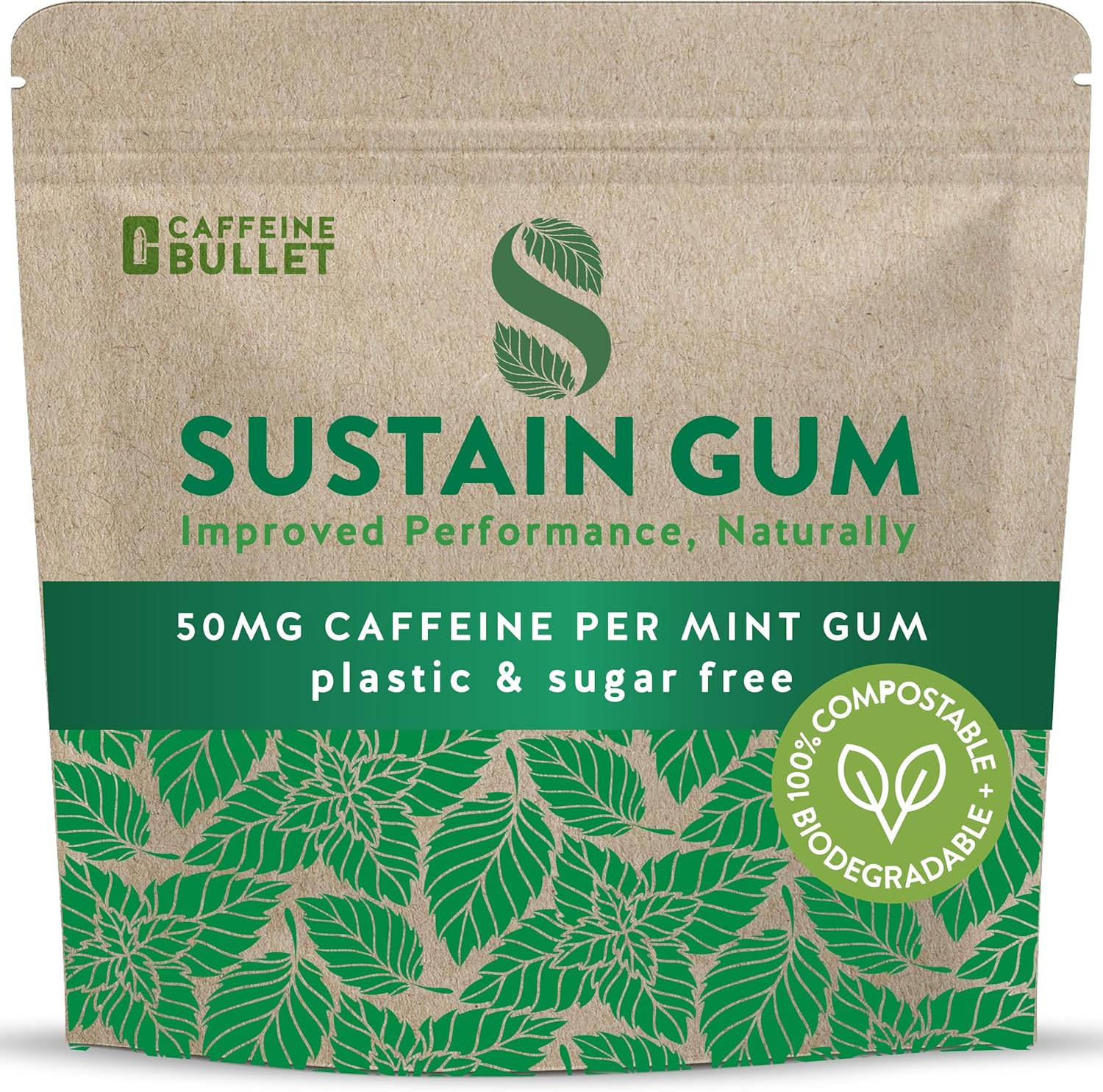 Sustain Caffeine Gum - Natural Mint Energy. 72 Pieces, 50 Mg Each - Biodegradable, Sugar-Free, Contains Xylitol, Plant-Based & Plastic Free with No Aspartame - 6 Packets image number 5