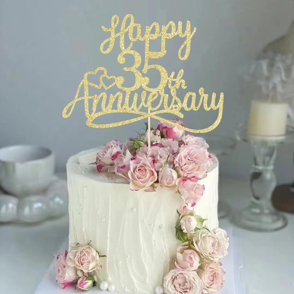 Sleyberoy Glitter Happy 35Th Anniversary Cake Toppers - Wedding & Party Decorations for 35Th Anniversary, Company Celebration, or Birthday