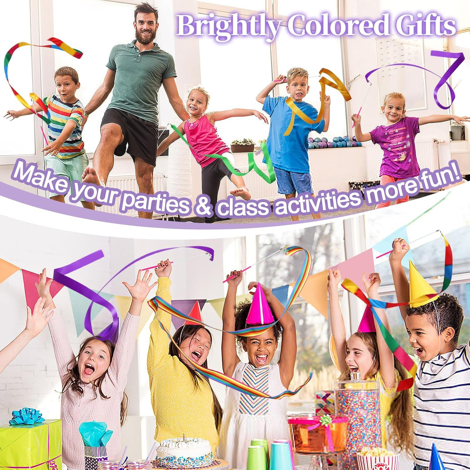 PAMASE 16 Packs Kids Dancing Gymnastics Ribbon Wands, 6'6" Rhythmic Artistic Twirling Ribbons with Non-Slip Handle image number 3
