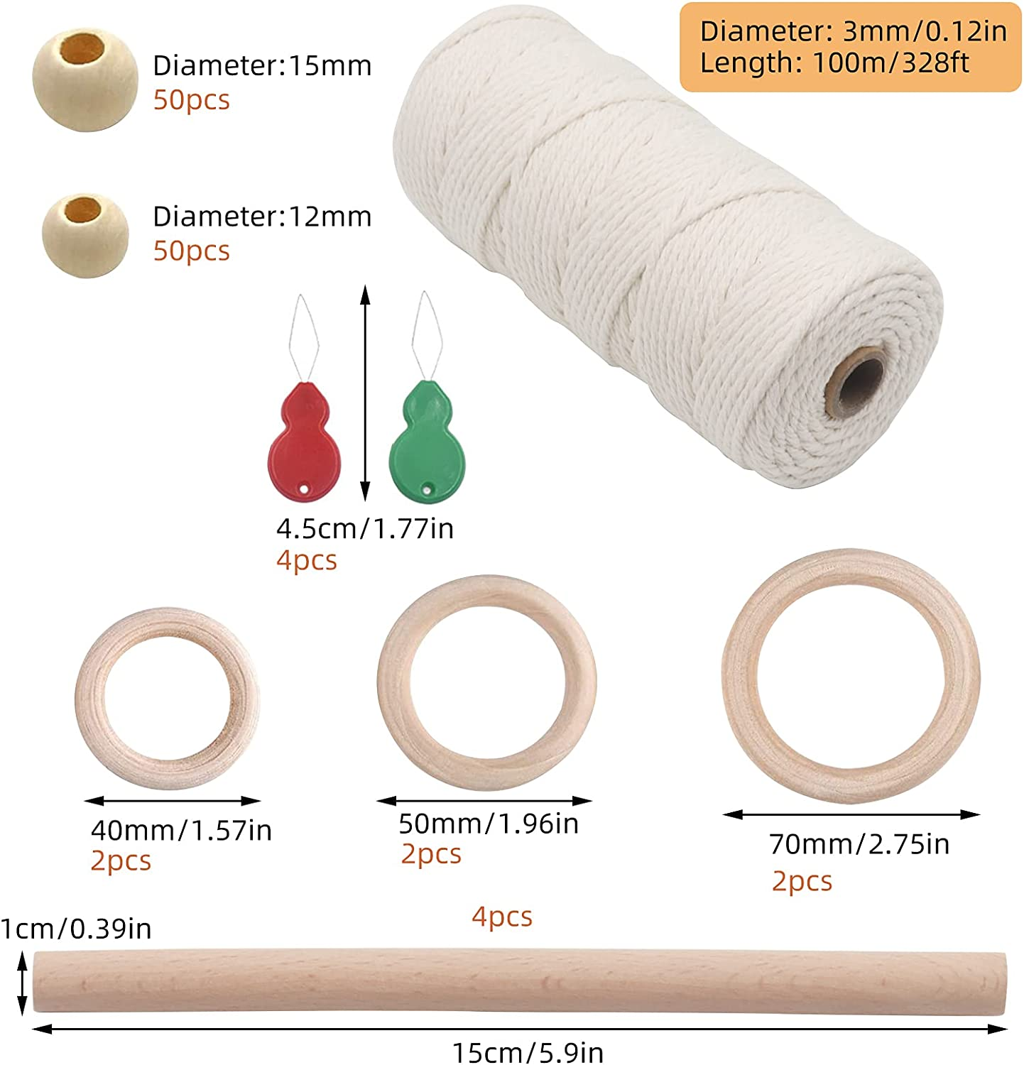 Macrame Kit Worthplanet 115Pcs Macrame Cotton Cord 3Mm 109 Yards Macrame Supplies Starter Kit with Wood Beads Wood Ring Wooden Sticks Needle Threader for Crafts Plant Hangers W200022