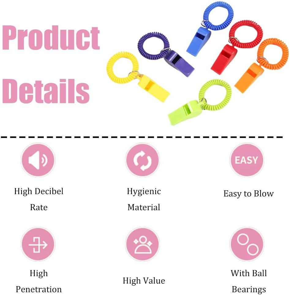 6 Pcs Loud Plastic Sports Whistles with Stretchable Coil Wrist Keychain Ring - Ideal for Coaches, Referees, Lifeguards, and Emergency Use in 6 Vibrant Colors