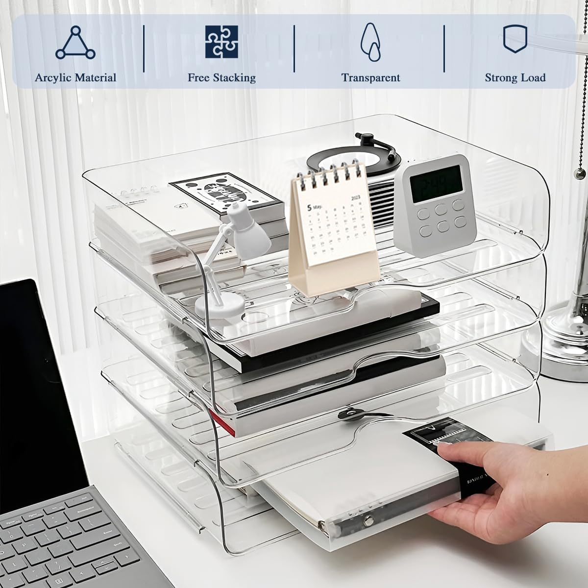 4 Pcs Paper Organizer Letter Tray for Desk, Stackable Clear File Organizer with Label and Sticker for Office, Acrylic Multipurpose A4 Size Paper Holder for Ipad Books Notes Magazine Receipts image number 5