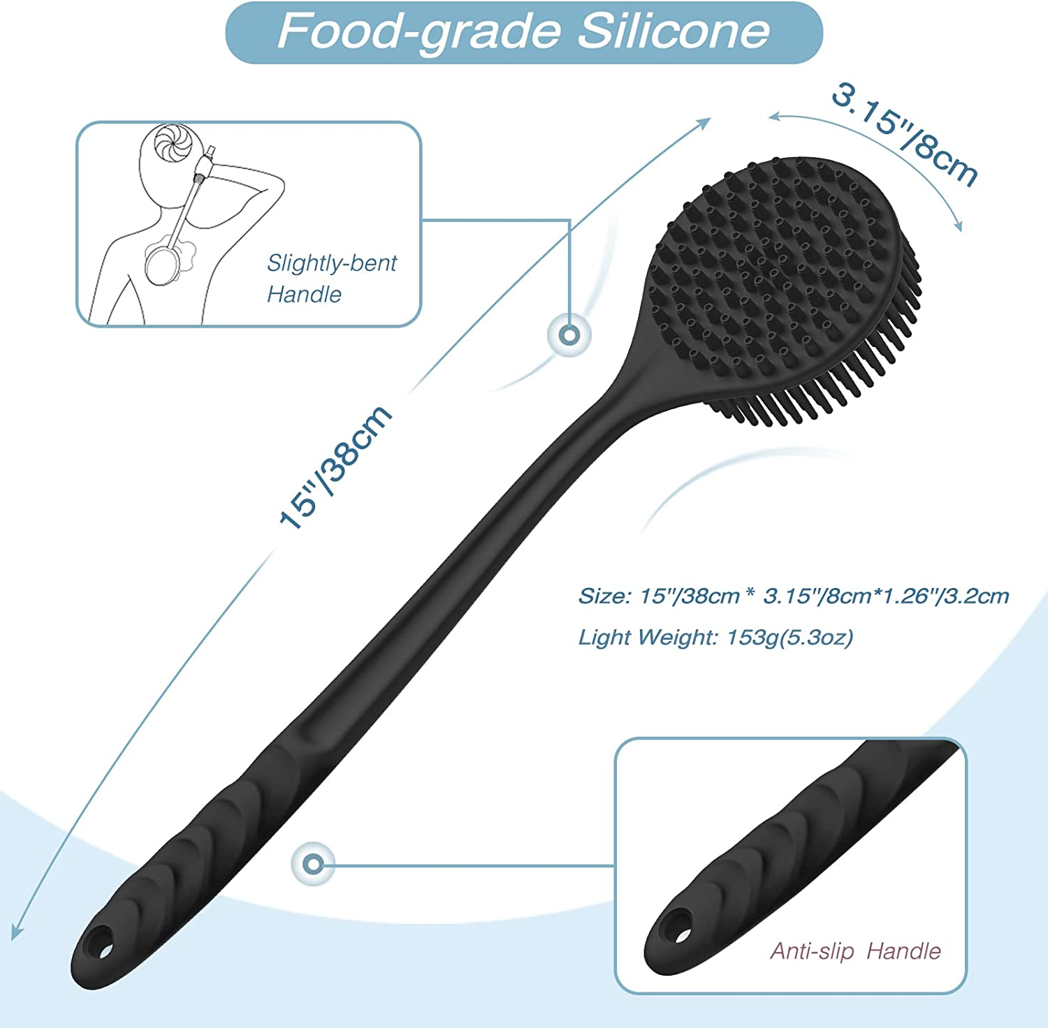 Manmihealth Silicone Back Scrubber for Shower(Thick Bristles), Body Scrubber with 15'' Long Handle, Light & Easy-To-Hold Shower Brush for Skin Exfoliating and Massaging, Not Good in Lathering.(Black) image number 1