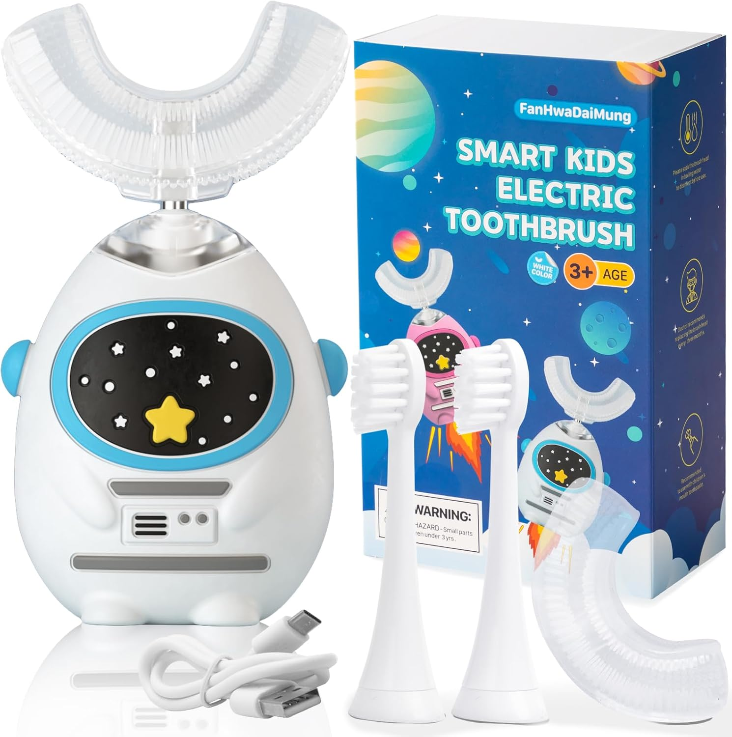 Fanhwadaimung Kids U Shaped Electric Toothbrush with Music, 360&deg; Deep Cleaning, 3 Modes, Voice Teaching, 45S Smart Timer, Type-C Charging, Waterproof Astronaut Design, for Ages 3-12 (Heroic White)