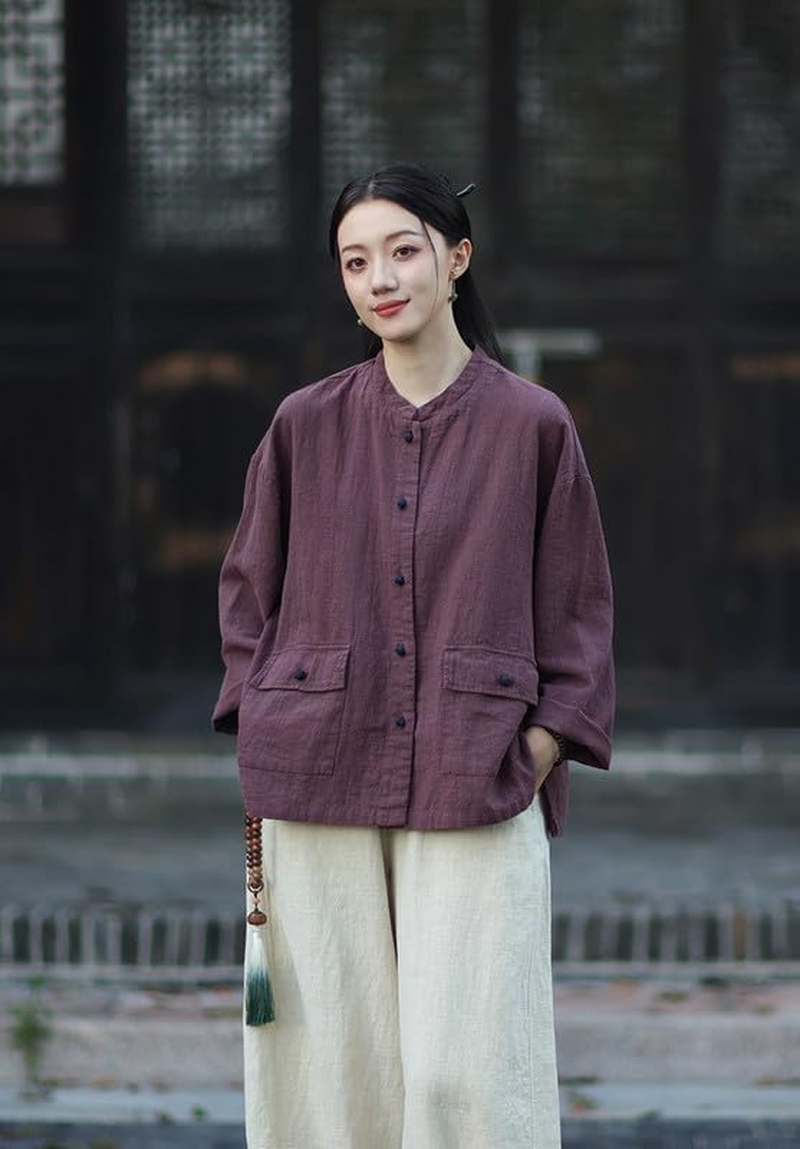 Women'S Vintage Linen Cotton Jacket Chinese Style Button-Down Cardigan Blouse Autumn