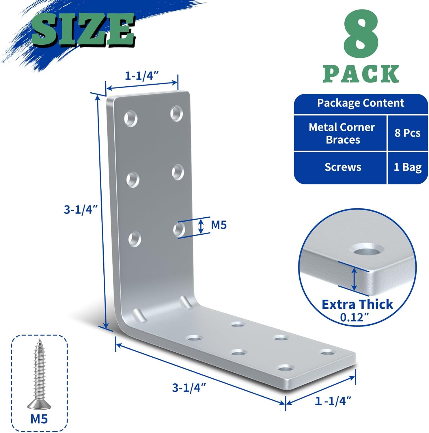 Wintcomfort 8 Pcs Metal Corner Shelf Bracket, 3.2" X 3.2" X 1.2" Thicken 11-Ga Heavy Duty Galvanized Corner Brace, 90 Degree L Bracket, Large Metal Corner Brace for Frame, Fence, Wood, Furniture image number 5