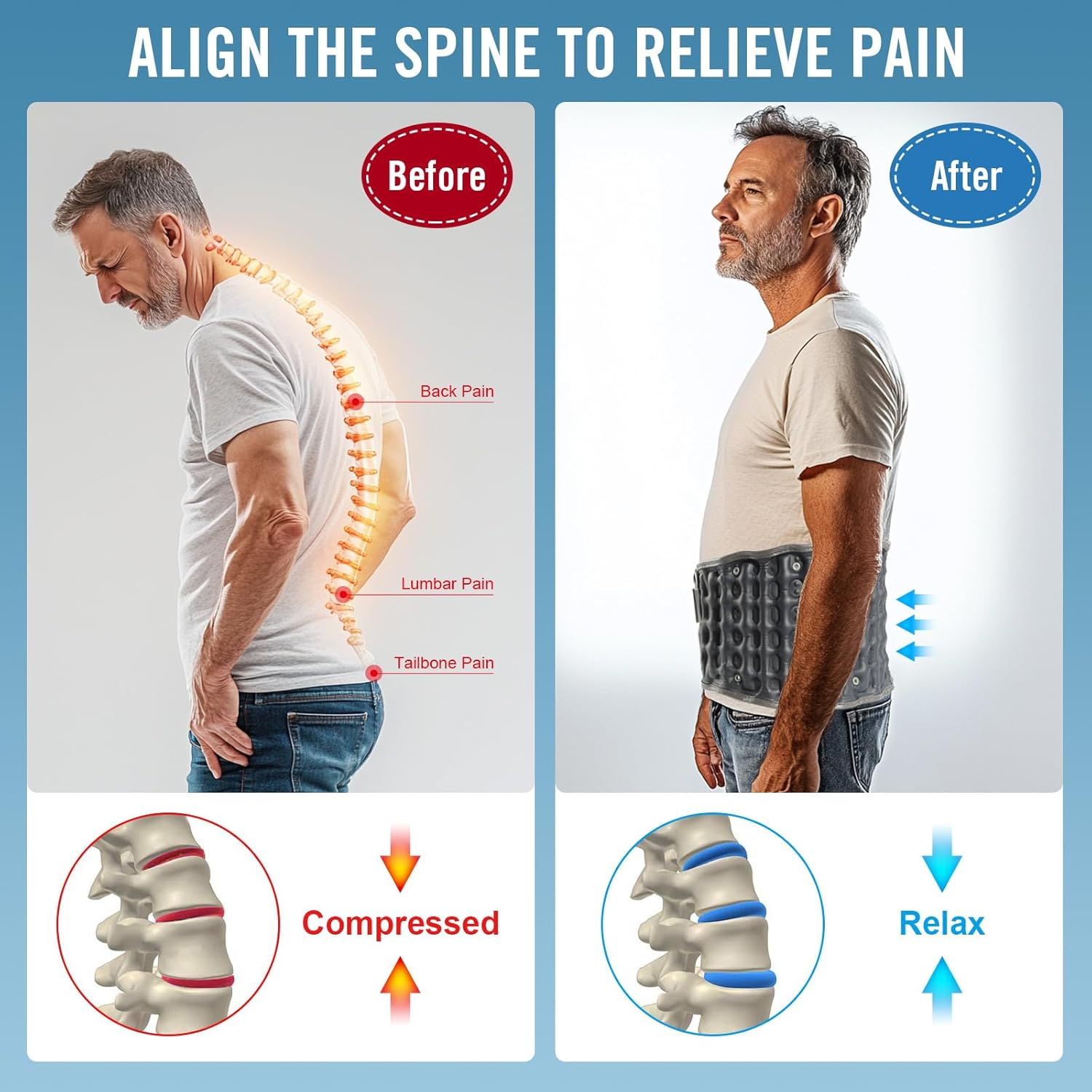 HONGJING Electric Pump Decompression Belt for Lower Back Pain Relief, Inflatable Back Reliever Lumbar Support Brace, One Size Fits 29-49 Waist - Beige image number 6