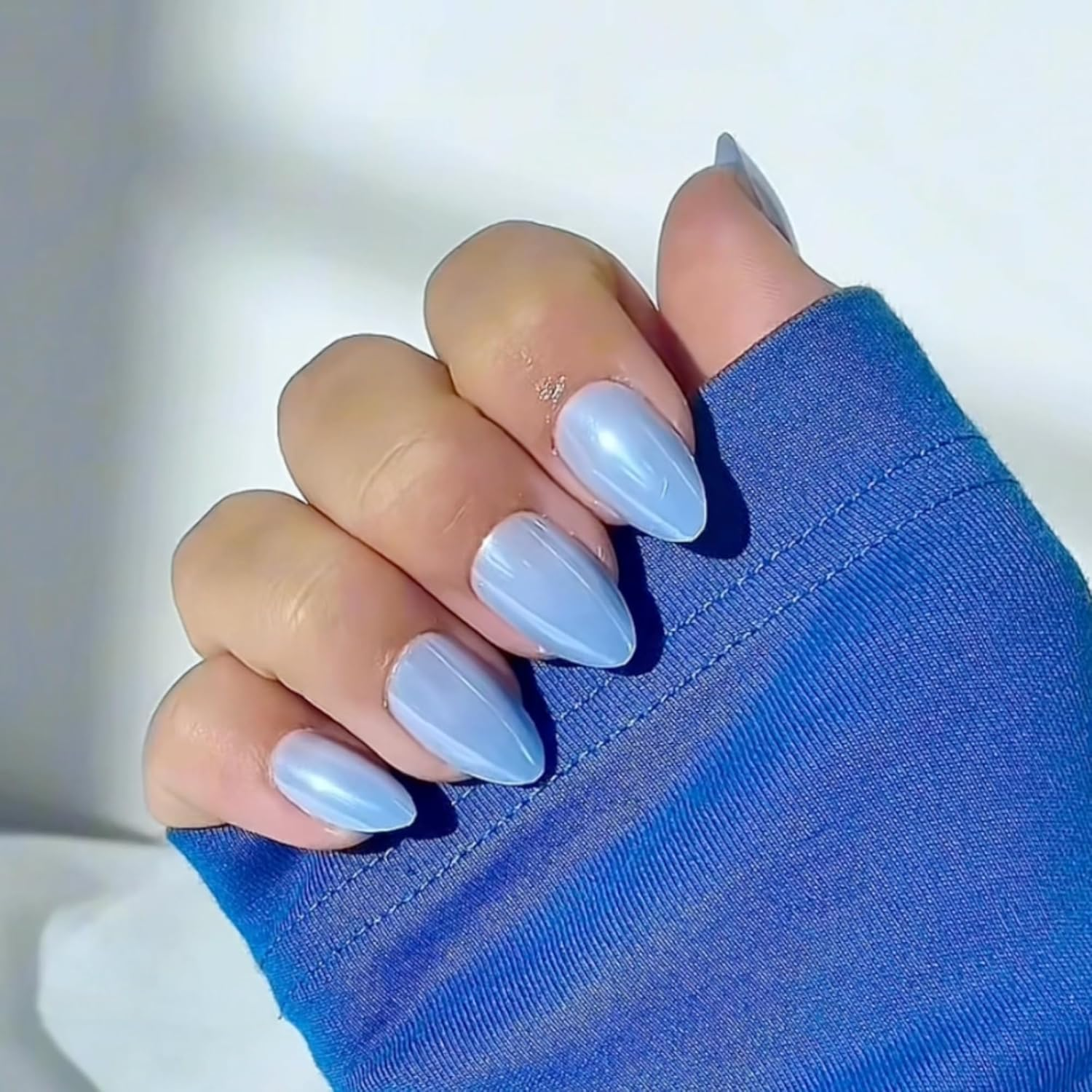 Press on Nails - Blue Glazed, Short Almond Shape, Reusable Nails in 15 Sizes - 30 Nail Kit with Glue and Sticky Tabs image number 4