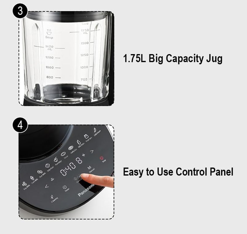 Panasonic All-In-One Smart Hot & Cold Blender for Making Soups, Baby Food, Smoothies, Soy Milk, Nut Milk, Self Clean Mode, Keep Warm Mode with 10 Auto Menus (MX-HG6401KST) image number 6