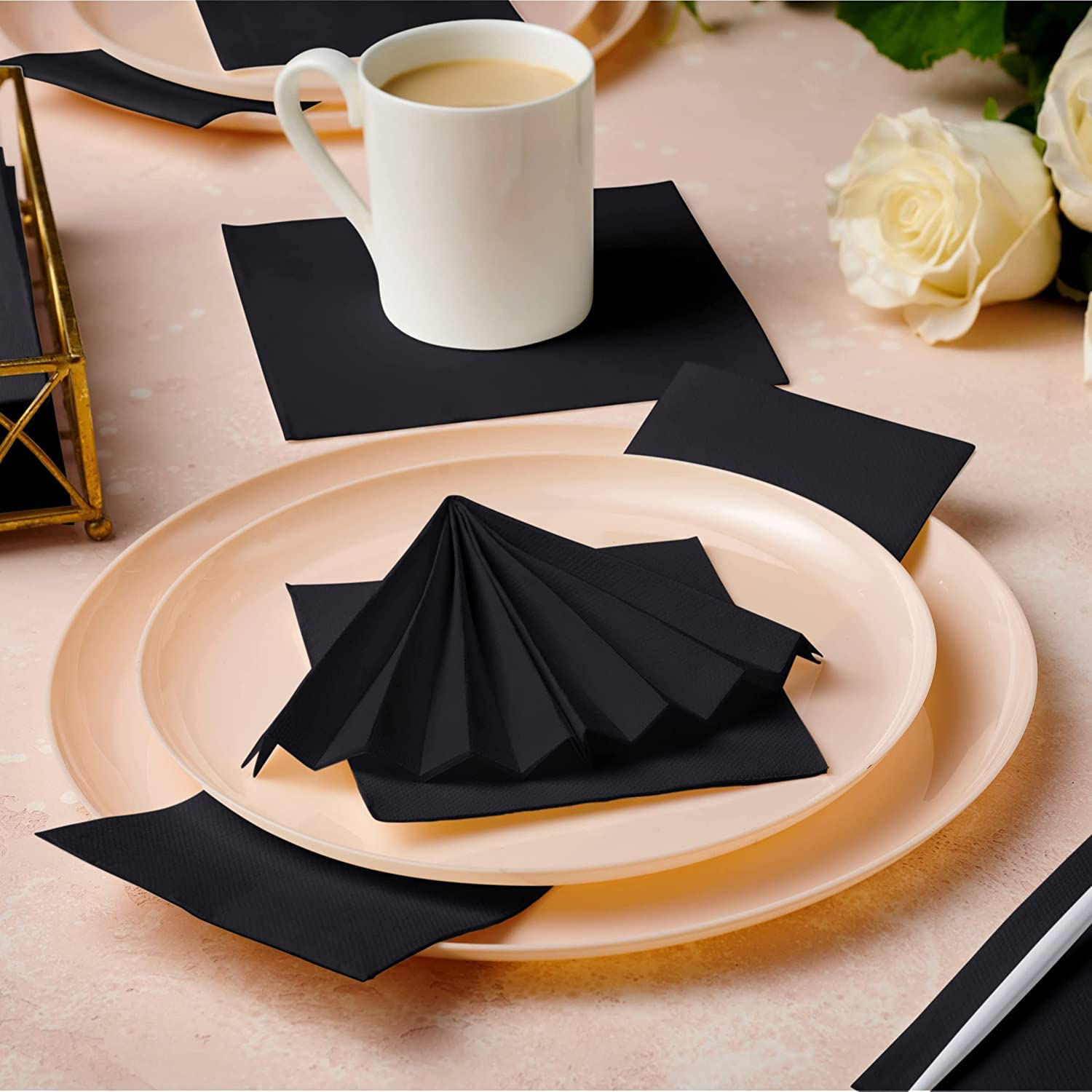 JEBBLAS Cocktail Napkins Disposable Beverage Bar Napkins Black Linen-Like Square Napkins Party or Wedding 8Inch X 8Inch (150 Count, Black) image number 1