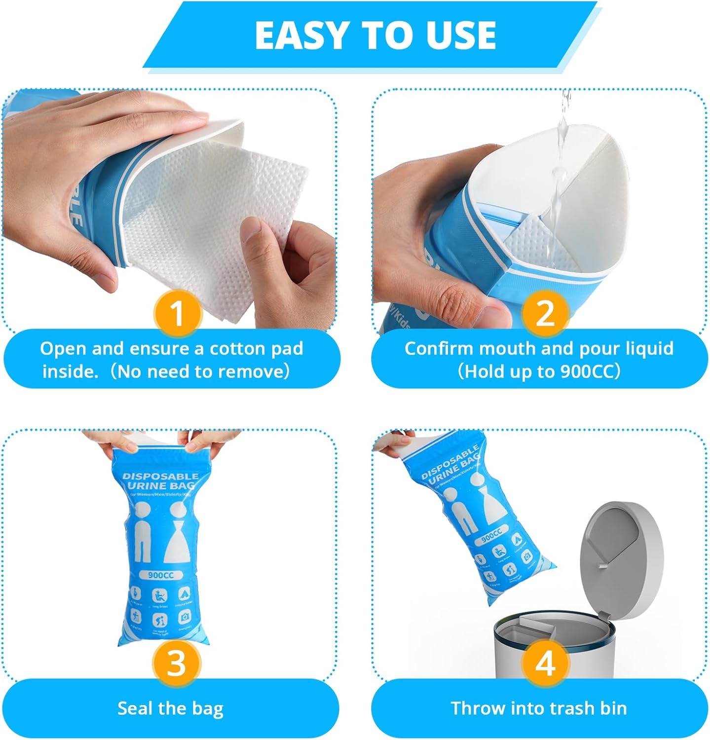 Disposable Urine Bag for Travel - 900ML Portable Pee Bags for Women Men 12 PCS/24PCS Emergency Vomit Bags Unisex Urinal Toilet Bag for Car Camping, Road Trip,Traffic Jams, Pregnant, Kids, Patient - Blue-12 image number 3