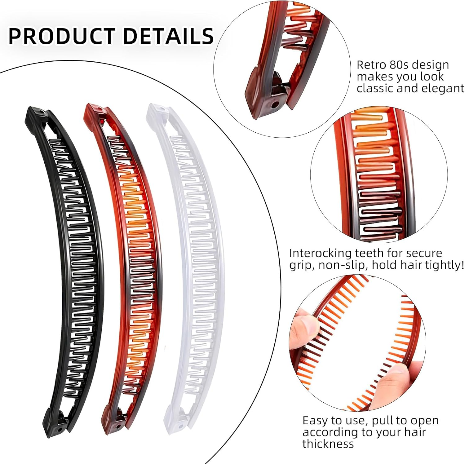 Pack of 3 Banana Clip Hair, Banana Clip Vintage, Large Banana Hair Clip, Banana Hair Clips, Women'S Thin Hairstyle, Ponytail Holder, Banana Clip Hair Accessory for Women (Black, Brown, White) image number 5