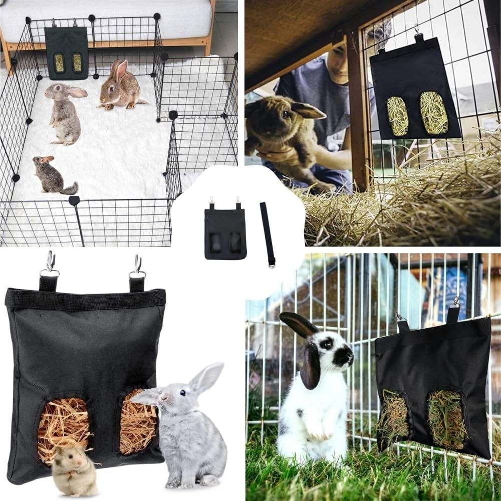 Rabbit Guinea Pig Hay Feeder Bag,Hay Holder with 2 Holes & Adjustable Shoulder Strap Small Pet Hay Bag,Large Capacity Cloth Fabric Hanging Hay Feeder Bag for Small Animal(Black) image number 1