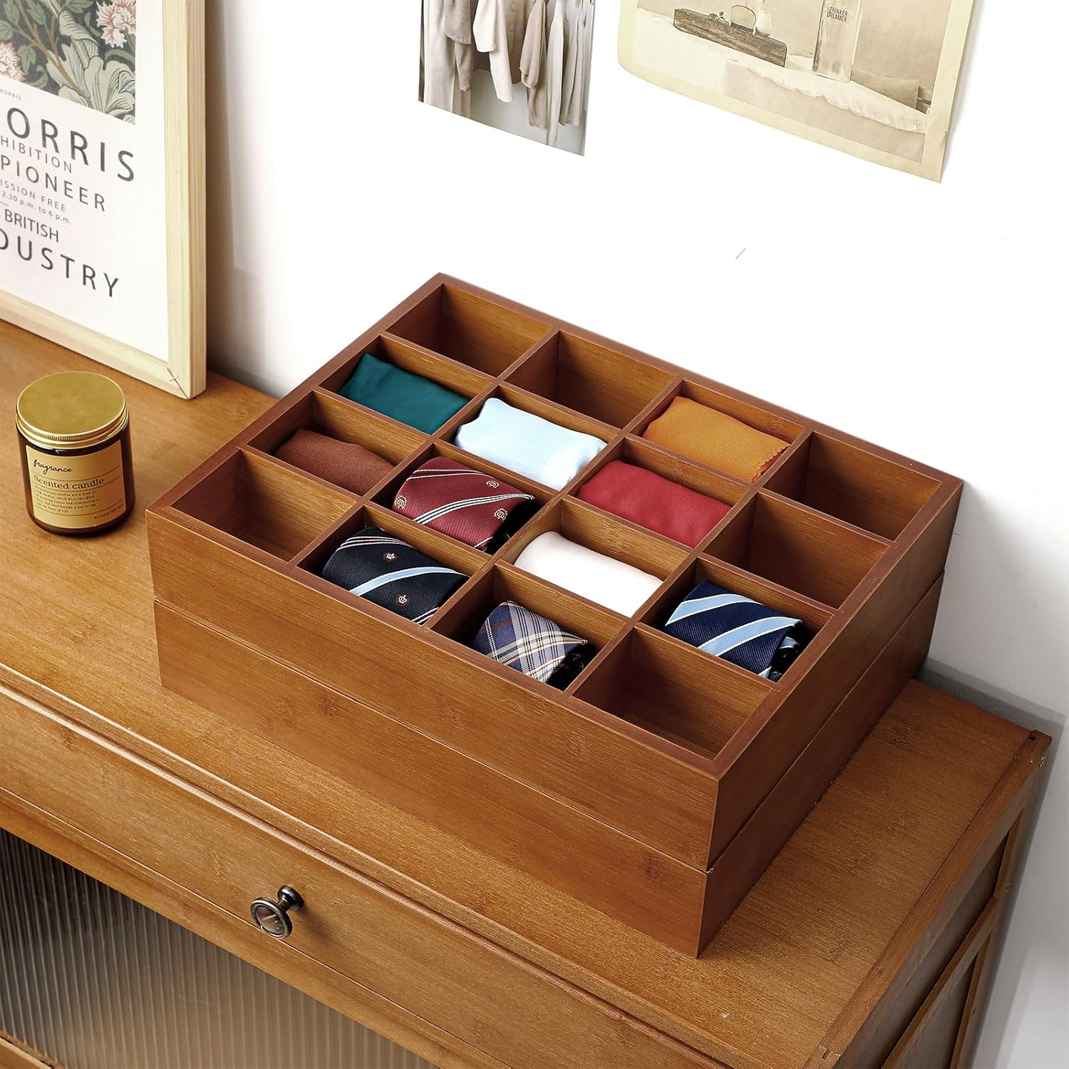 Wesiti Tie Box Organizer Wall Mounted Tie Rack with 16 Compartments Bamboo Belt Holder for Men Scarf Necktie Home Wall Closet(Dark Brown Color,2 Piece)