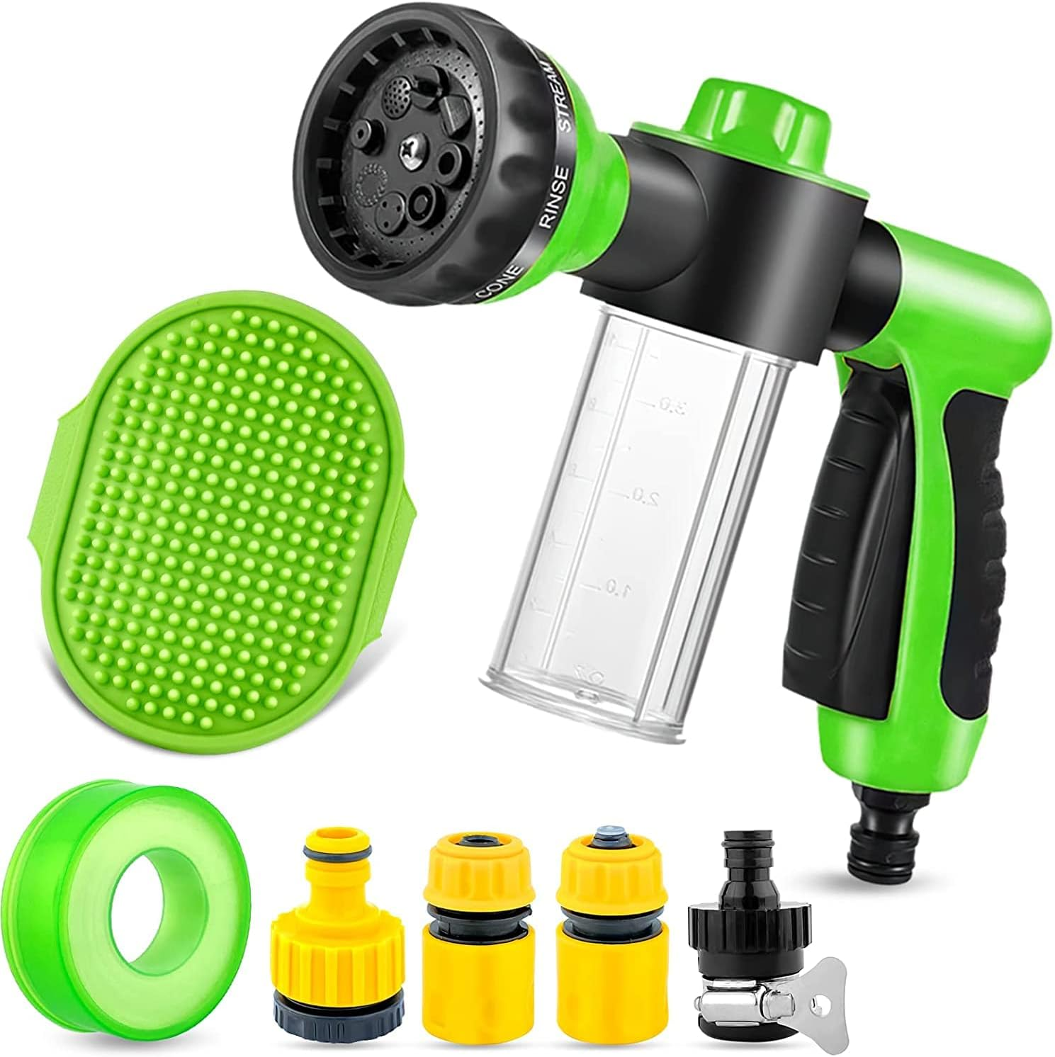 Dog Wash Attachment 8 Spray Pattern Nozzle with Bathing Brush and 3.5Oz/100Cc Soap Dispenser Bottle 3/4 in Standard Garden Hose for Pet Showering Car Washing Watering