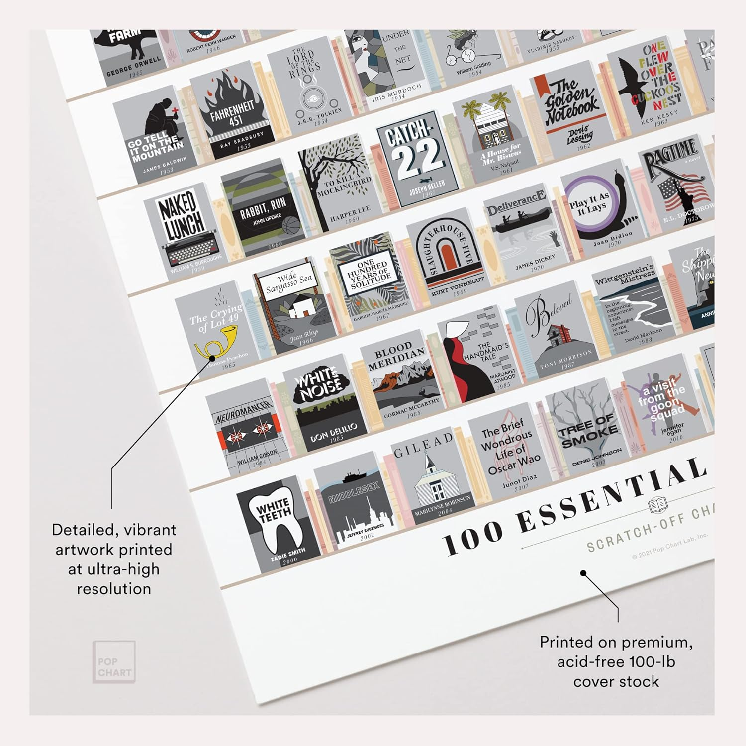 Pop Chart | 100 Essential Novels Scratch-Off Poster | 12" X 16" Scratch-Off Art Print | a Bucket List of the Top 100 Fiction Books | Literary Wall Decor for Home or Classroom | 100% Made in the USA image number 2