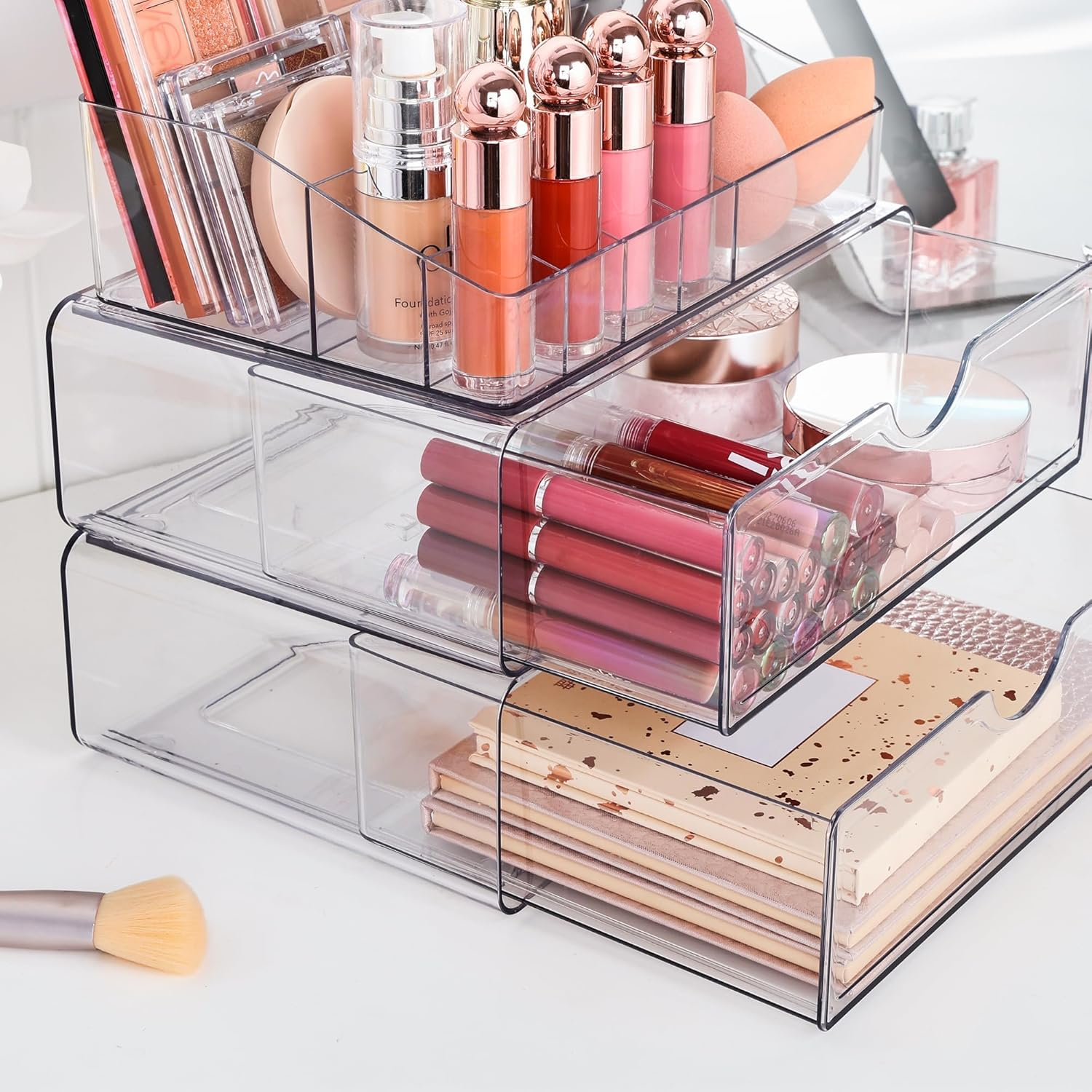 MOTYYA 3 Tier Clear Makeup Organizer with Drawer, Acrylic Cosmetic Storage Organiser for Dresser Countertop and Bathroom Vanity, Beauty Holder for Lipstick Brush Skincare image number 4