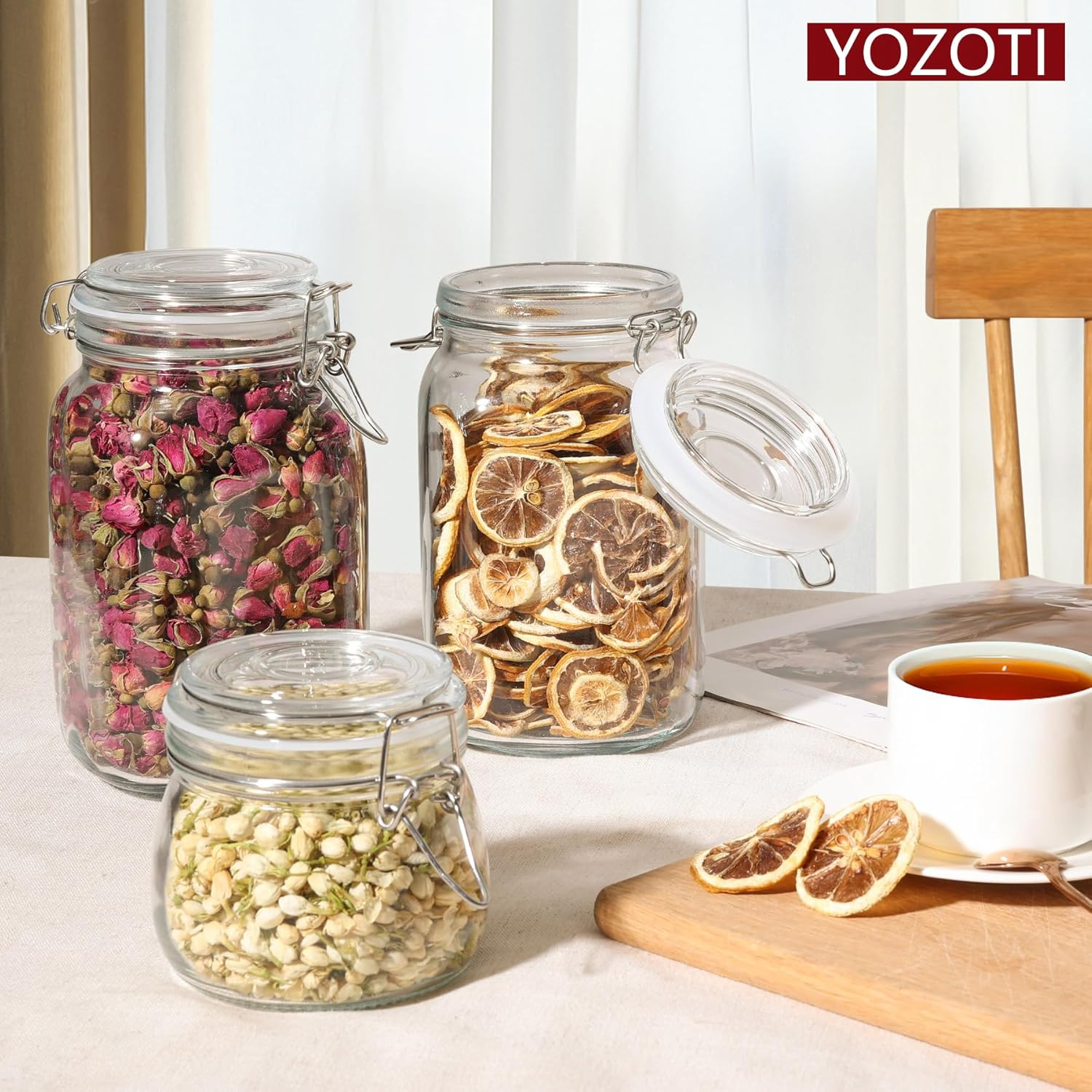 YOZOTI 50Oz Airtight Glass Jars with Lids, 3 PCS Food Storage Canister for Kitchen & Pantry Organization and Storage, Square Mason Jar Containers for Storing Sugar, Flour, Cereal,Coffee,Cookies image number 5