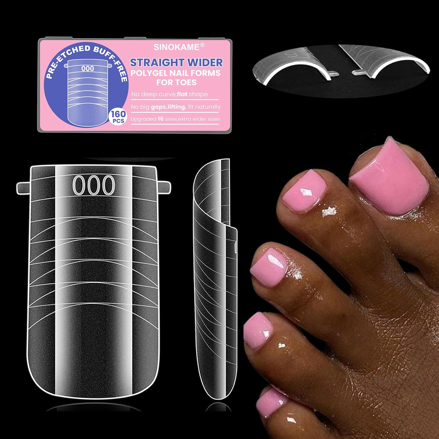Wide Pre-Etched Square Toe Dual Forms for Polygel,Sinokame Poly Gel Toenail Forms Molds Extension Reusable,No File Needed,16 Sizes (000-13) with French Guidelines for Salon Home Diy,160Pcs image number 1