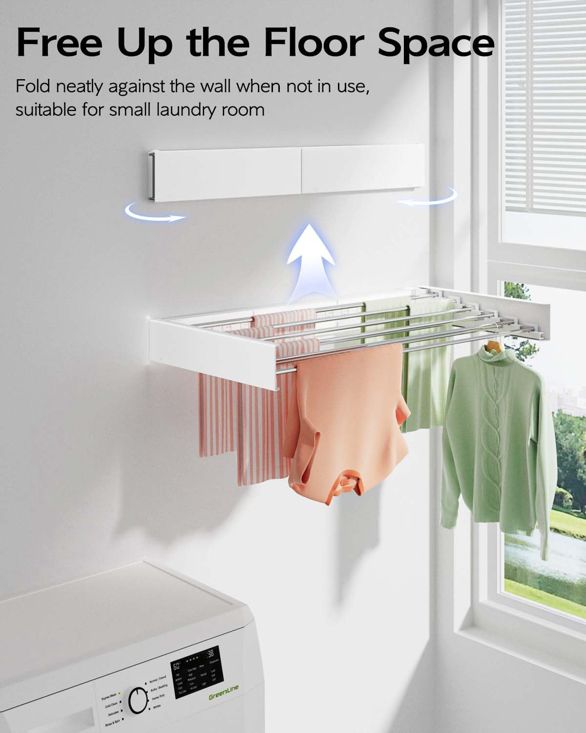Vikaqi Wall Mounted Clothes Drying Rack 100 CM, Foldable Wall Mount Laundry Rack Folding Indoor, Drying Rack Clothing Collapsible, Towel Rack with Wall Template, 6 Rods, White image number 1