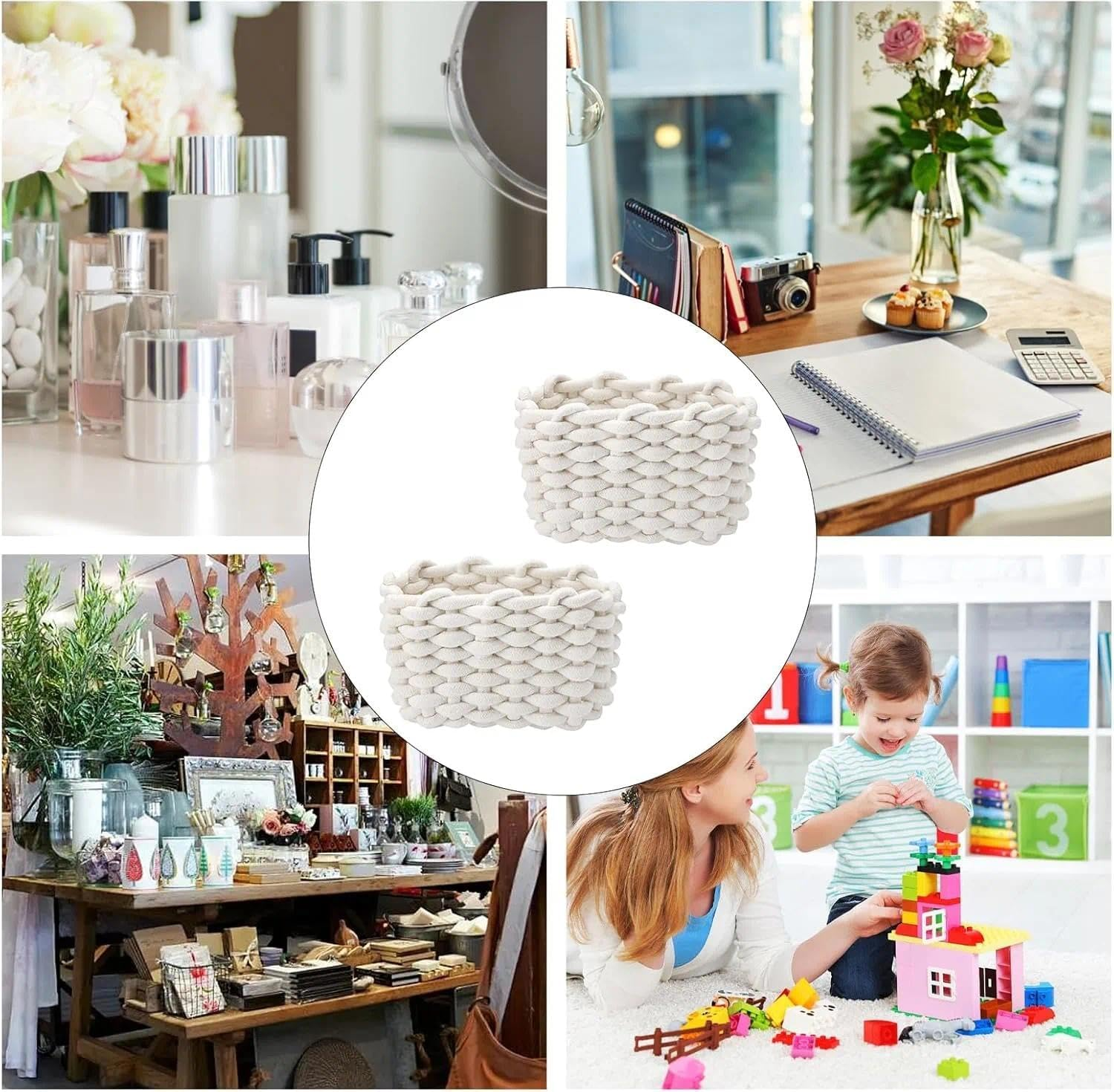 Set of 2 Braided Cotton Knitting Baskets, Small Square White Storage Baskets for Bathroom, Make-Up, Toys, Socks image number 1