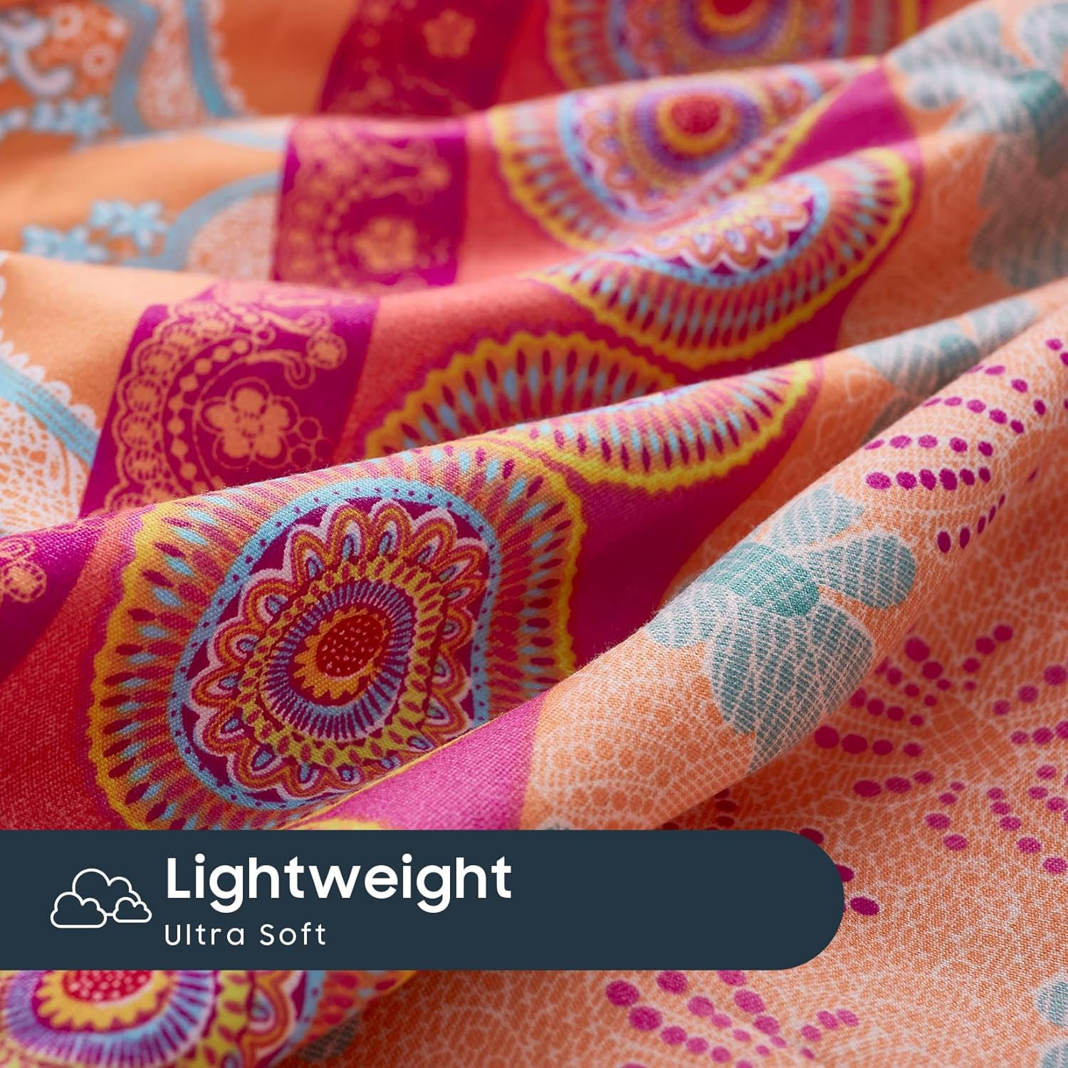 Wake in Cloud - Boho Bed Sheets Set, Soft Microfiber Bohemian Mandala Pattern Printed Bedding, Extra Deep Fitted Sheet & Flat Sheet & 2 Pillowcases, 4 Pieces, Orange Coral, Queen Size image number 3