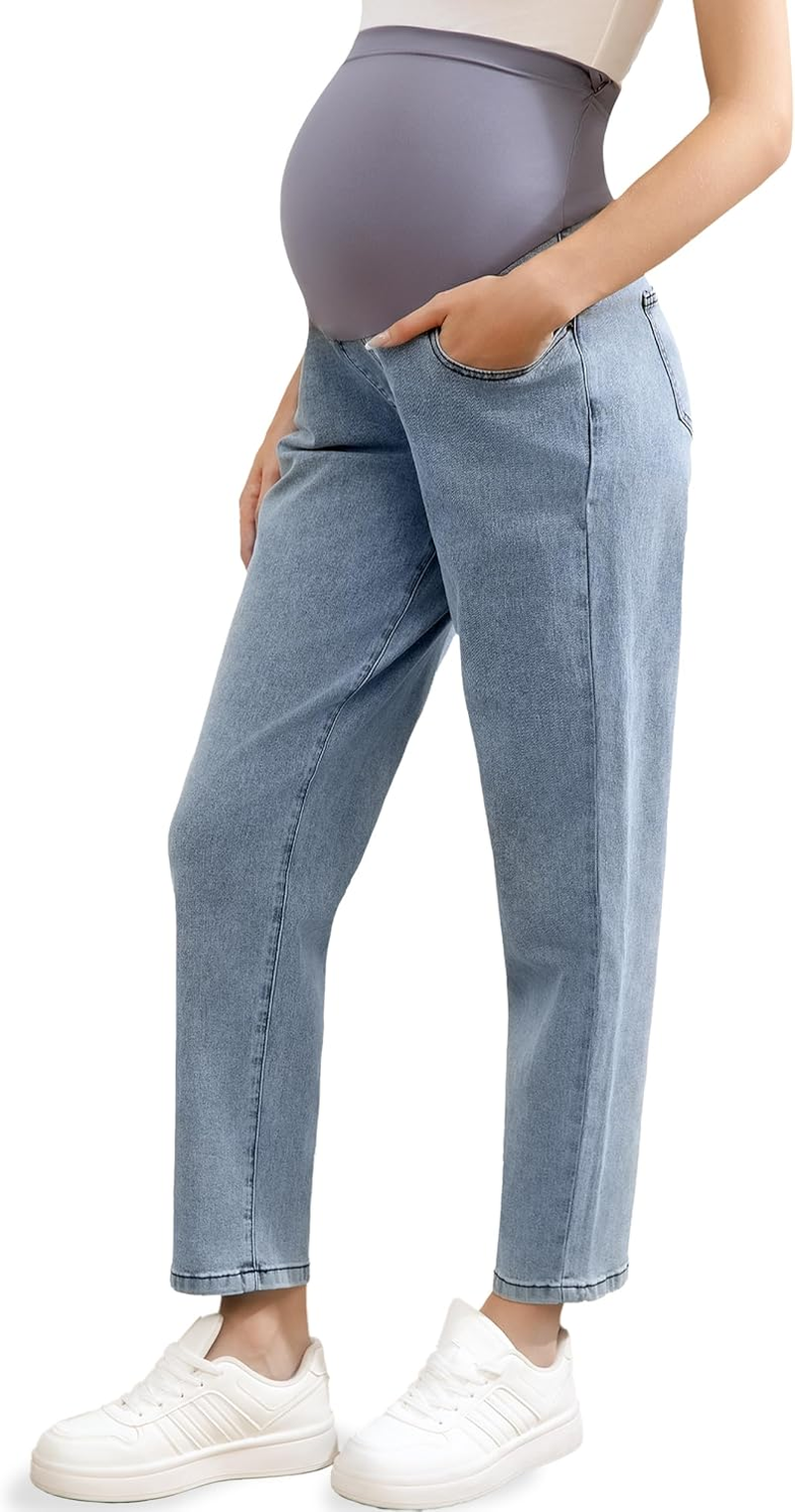 Women'S Maternity Jeans over Belly, Comfy Stretch Boyfriend Jeans, Loose Pregnancy Pants with Pockets image number 3