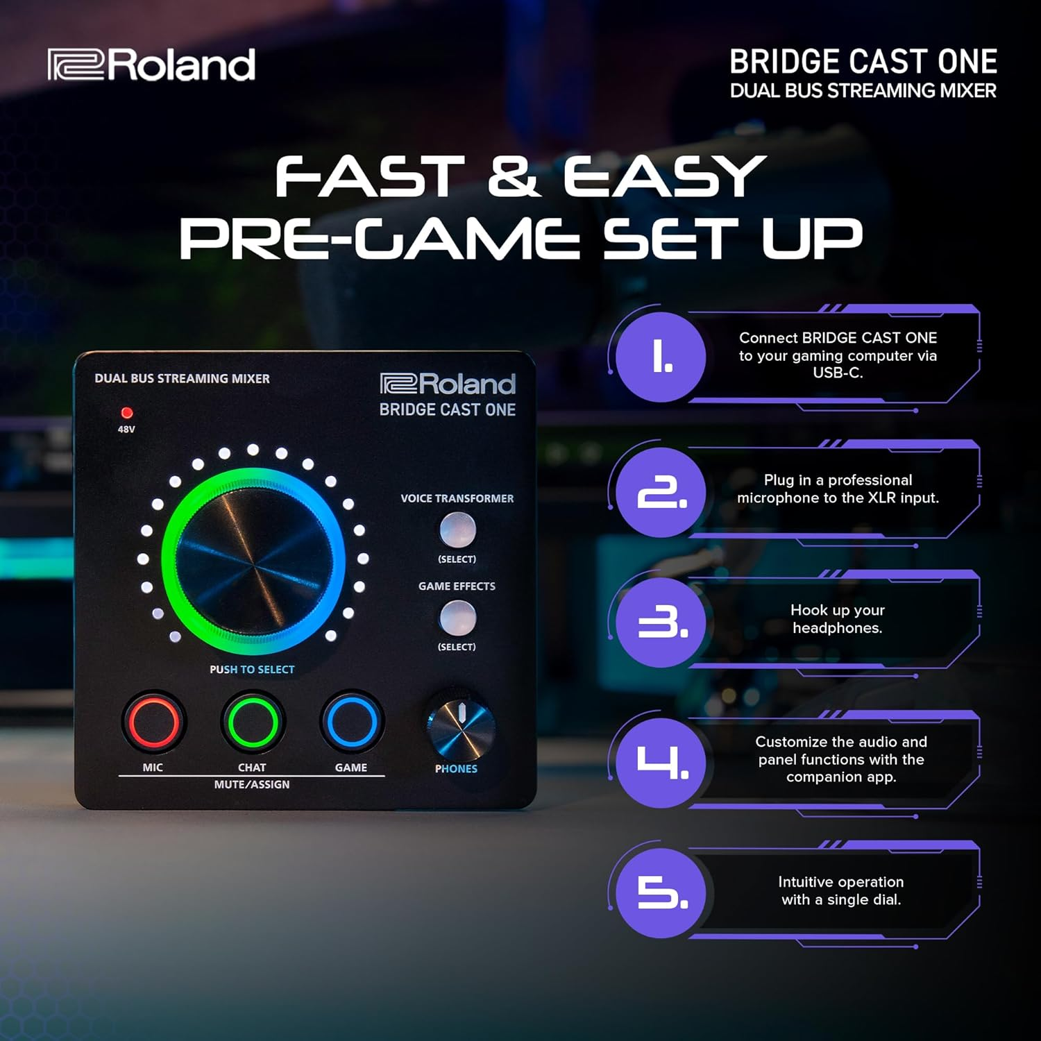 Roland BRIDGE CAST ONE Dual Bus Streaming Mixer | Compact Audio Streaming Mixer | for Online Gamers & Content Creators | 32-Bit Hardware DSP | USB-C Windows and Mac Connectivity | XLR Mic Support image number 6
