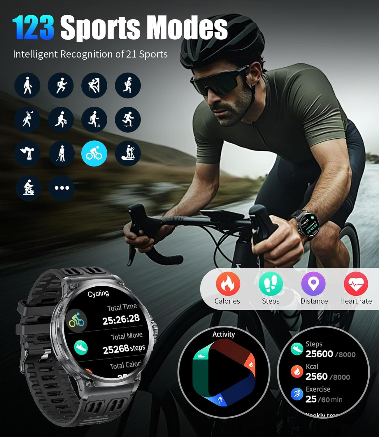 Military Smart Watch for Men (Answer/Make Calls), 1.85" Big Screen Smartwatch with 800Mah Large Battery,100+Sport Modes Calories Pedometers Fitness Tracker Sports Watch 5ATM Waterproof for Ios Android image number 5
