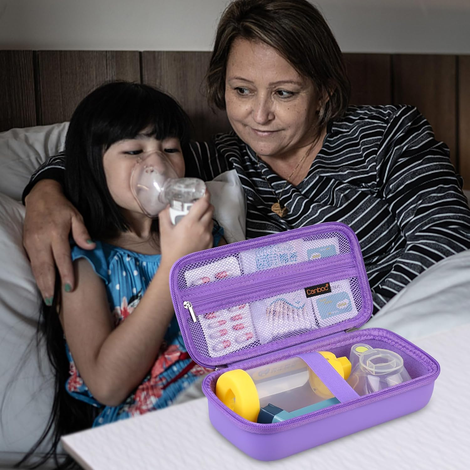 Canboc Travel Carrying Case for Asthma Inhaler, Handheld Spacer for Adults and Kids, Masks, Hard Inhaler Case with Mesh Pocket Fit Medicine and Other Essentials, Purple (Case Only) image number 1