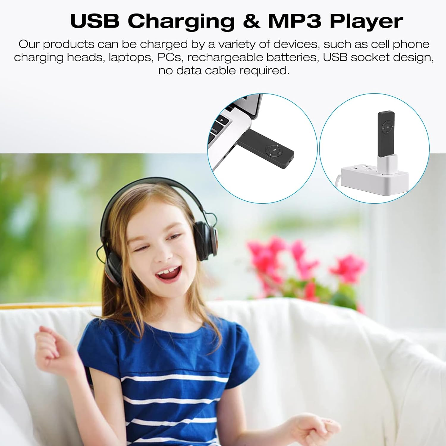 MP3 Player, Support up to 64GB No Data Cable Required Mini Music Player with 3.5Mm Earphones, Lossless Sound Long Battery Life Portable Music Player for Students Running Travel(Black) - Blue image number 4