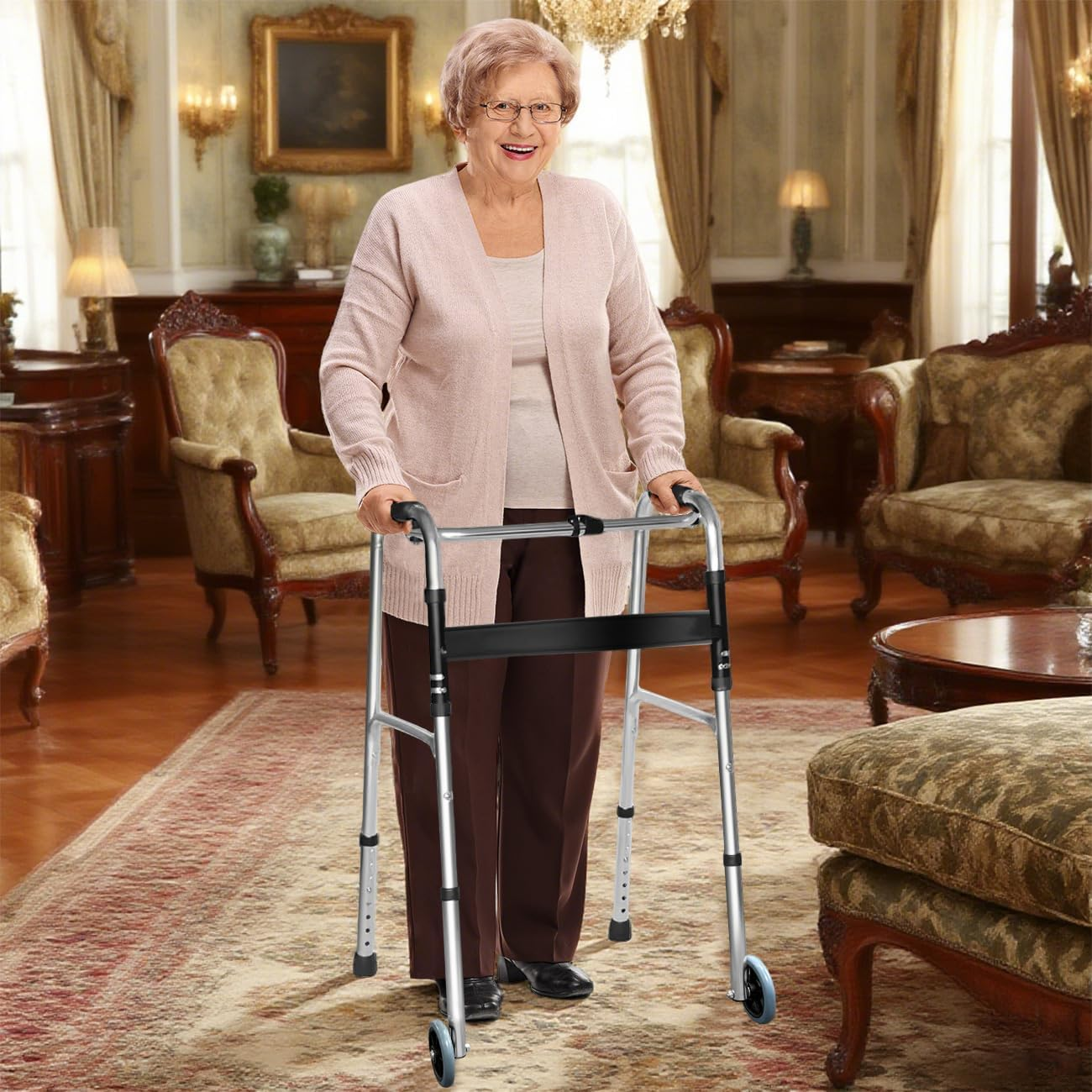 Lightweight Aluminum Folding Walking Frame for Seniors,Adjustable Height Mobility Walker with Anti-Skid Wheels for Adults, Elderly image number 2