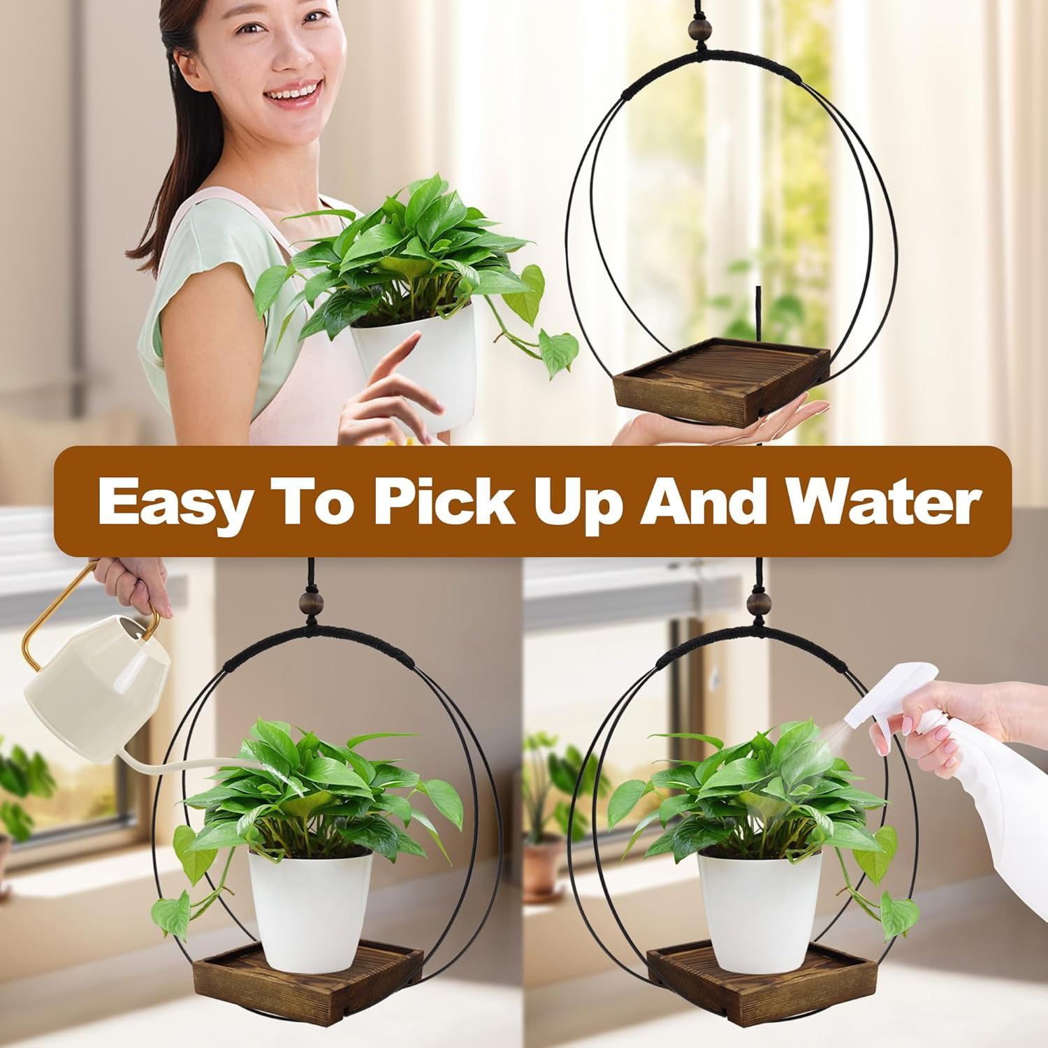 2 Pack Hanging Plant Holder, Metal Wall Hanging Planter with Wood Base, Plant Hangers Indoor, Hanging Flower Basket for Outdoors, Swinging Plant Pot for Room Ceilings Window (Brown) image number 2