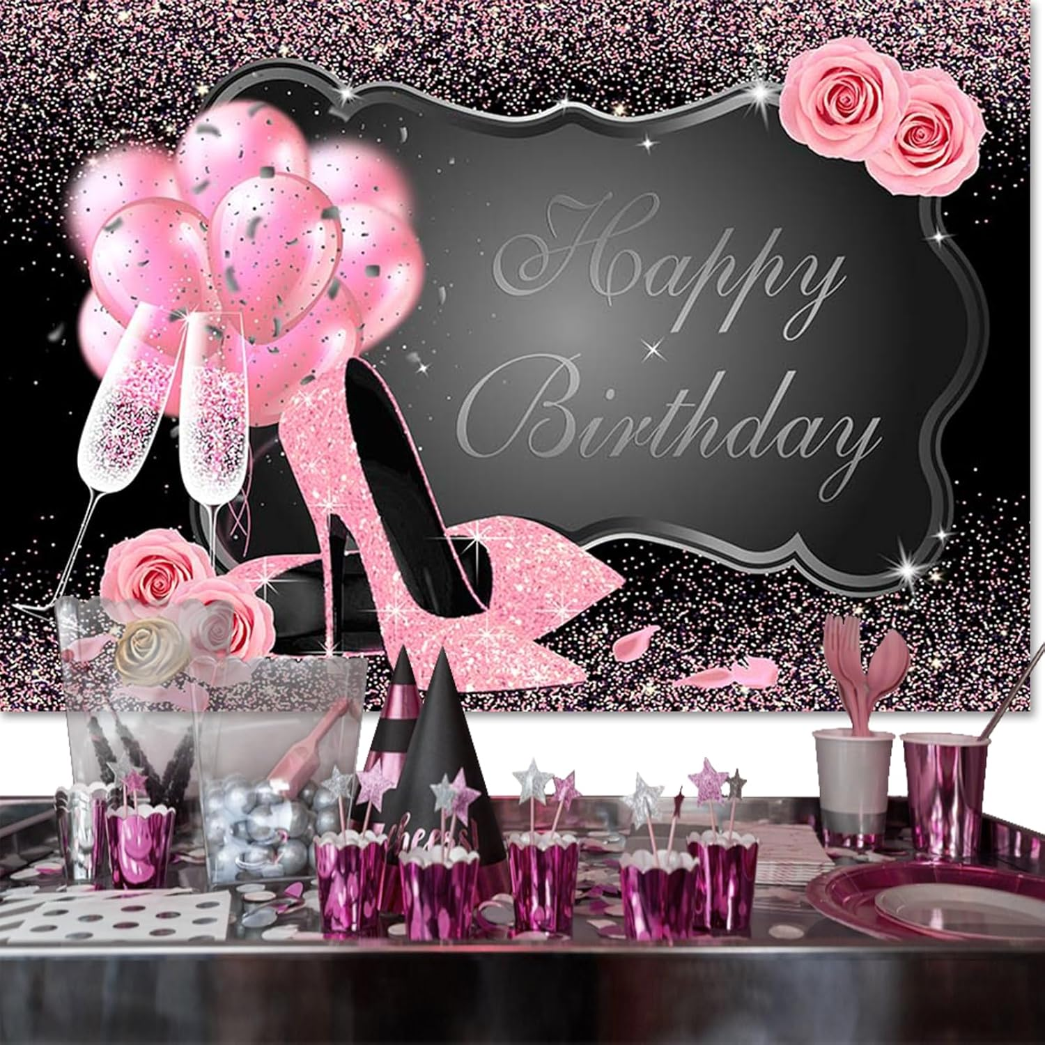 APROPHIC Girls Female Birthday Background Glitter Photo Photography Background Happy Birthday Party Banner High Heels Champagne Pink Balloon Decoration Cake Table Accessories 210 X 150 Cm image number 3